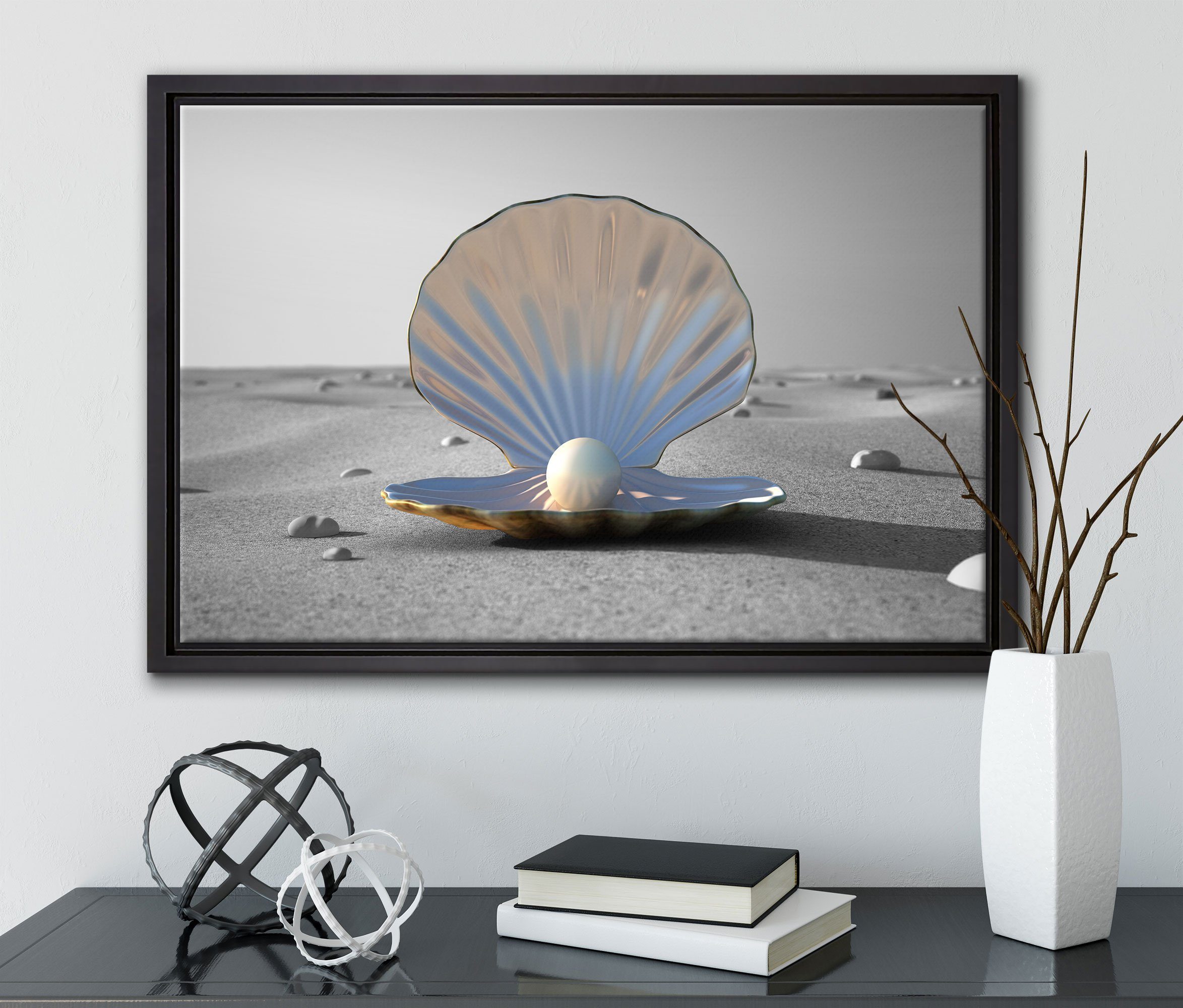 Pixxprint Leinwandbild Perlenmuschel am Strand, einem St), (1 Schattenfugen-Bilderrahmen Leinwandbild Wanddekoration in fertig bespannt, inkl. Zackenaufhänger gefasst