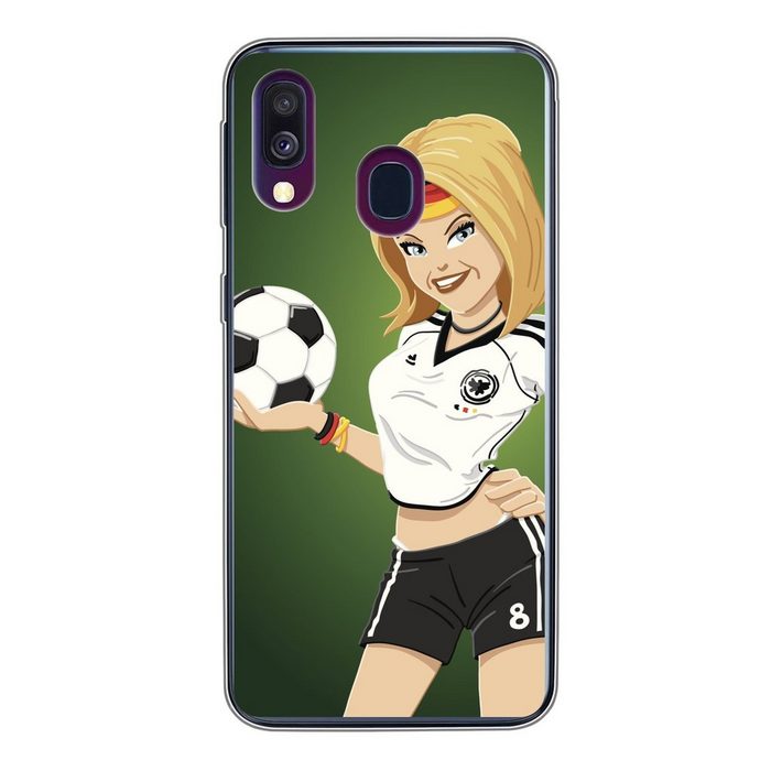 MuchoWow Handyhülle Illustration eines Mädchens mit deutscher Kleidung und einem Fußball - Handyhülle Samsung Galaxy A40 Smartphone-Bumper Print Handy