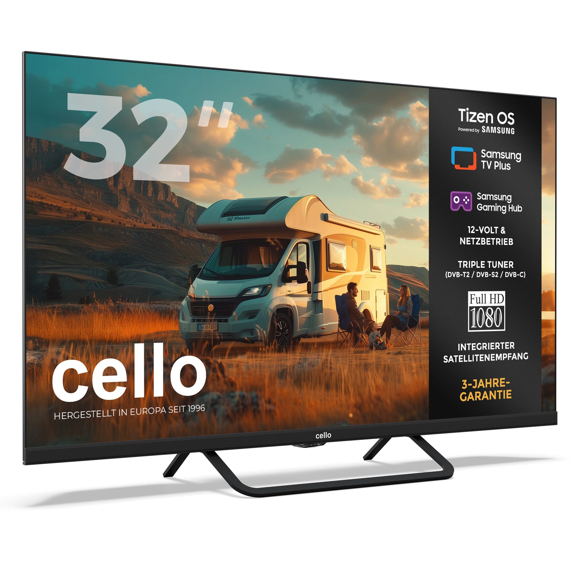 Cello CTrav-32TZ LED-Fernseher (81,28 cm/32 Zoll, Full HD, Streaming-Apps, LAN, WLAN, Smart-TV, Smart Tizen OS powered by Samsung, Triple Tuner, WLAN & Bluetooth)