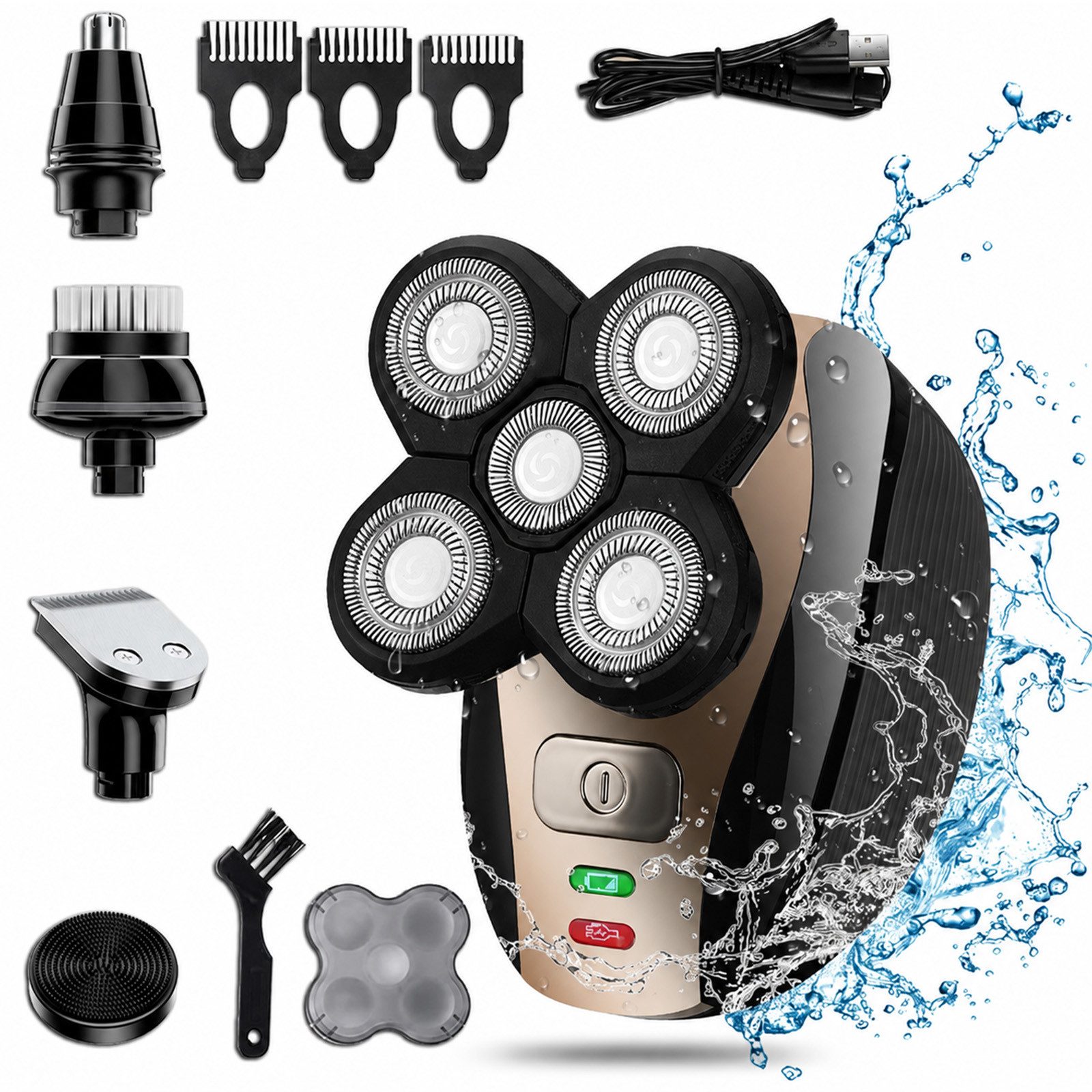 MOPUEA Elektrorasierer Elektrorasierer Cordless 5in1 Kit Rechargeable Waterproof für Männer, 5-in-1 Herrenrasierer mit 5D Rotationskopf & Zubehör, 5-in-1, 5D Kopf, IPX7, nass/trocken, magnetisch, ergonomisch
