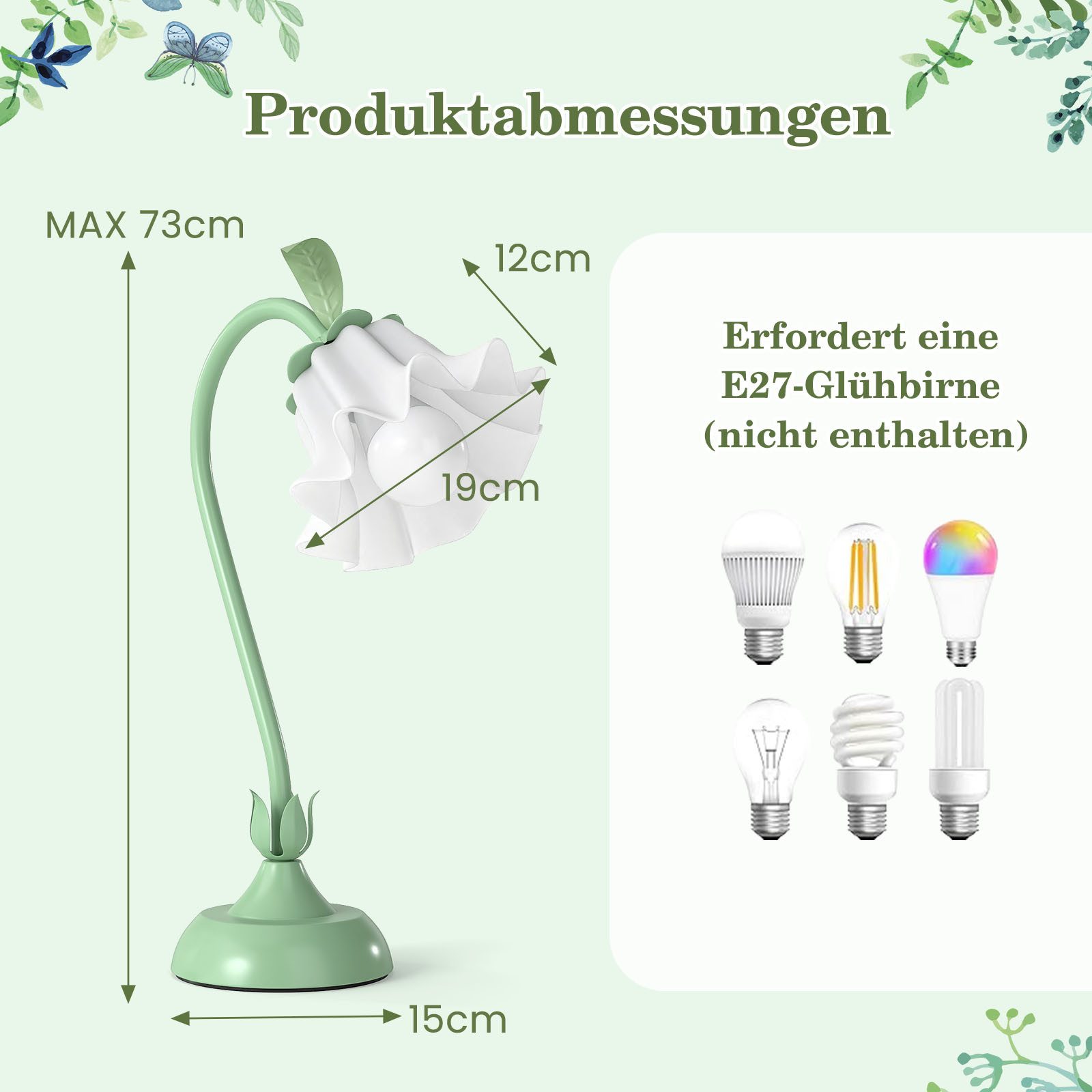COSTWAY Nachttischlampe, Maiglöckchen-Acryllampenschirm, verstellbarer Stiel