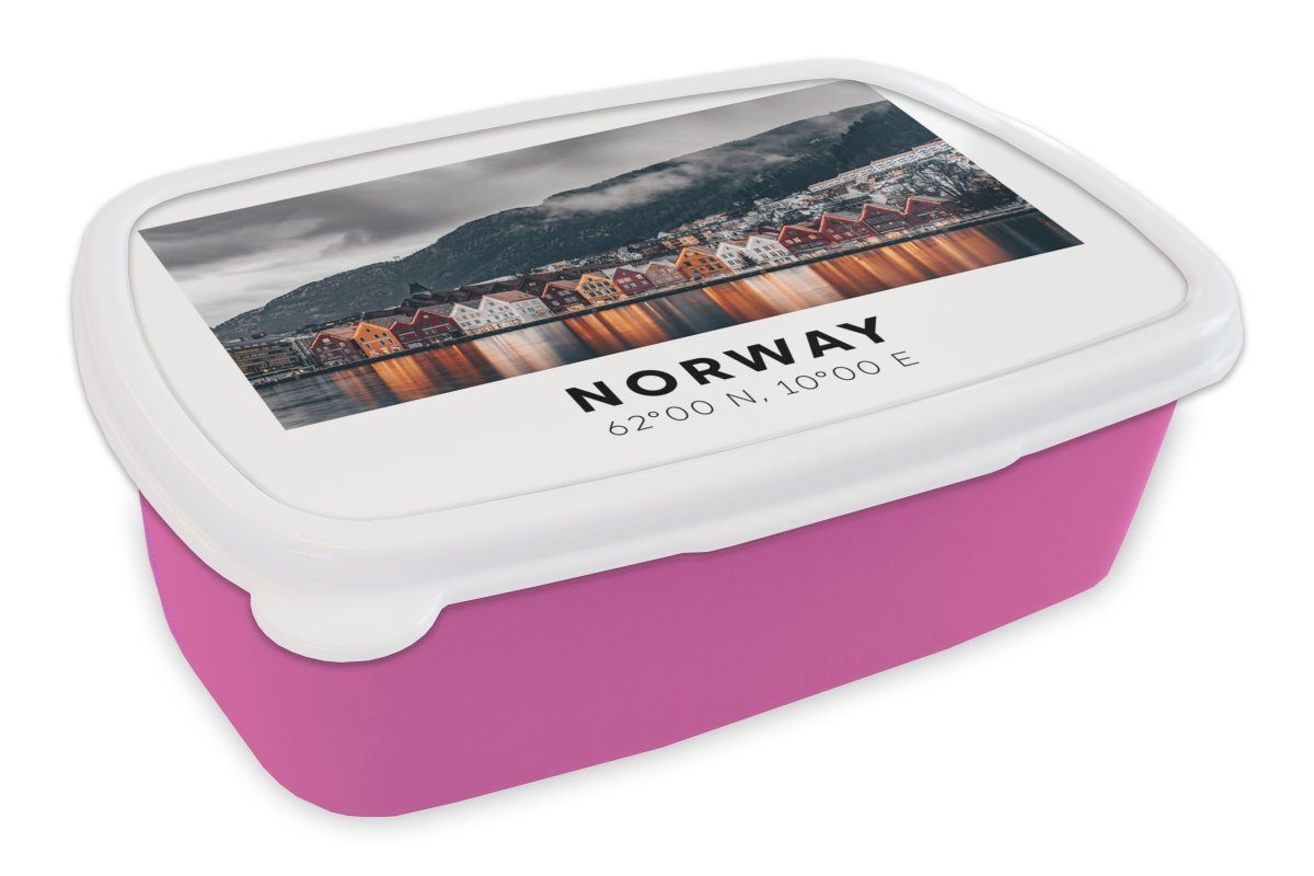 Norwegen Häuser - Snackbox, (2-tlg), Brotbox Kunststoff Erwachsene, MuchoWow für Mädchen, rosa Kunststoff, See, - Kinder, Lunchbox Brotdose