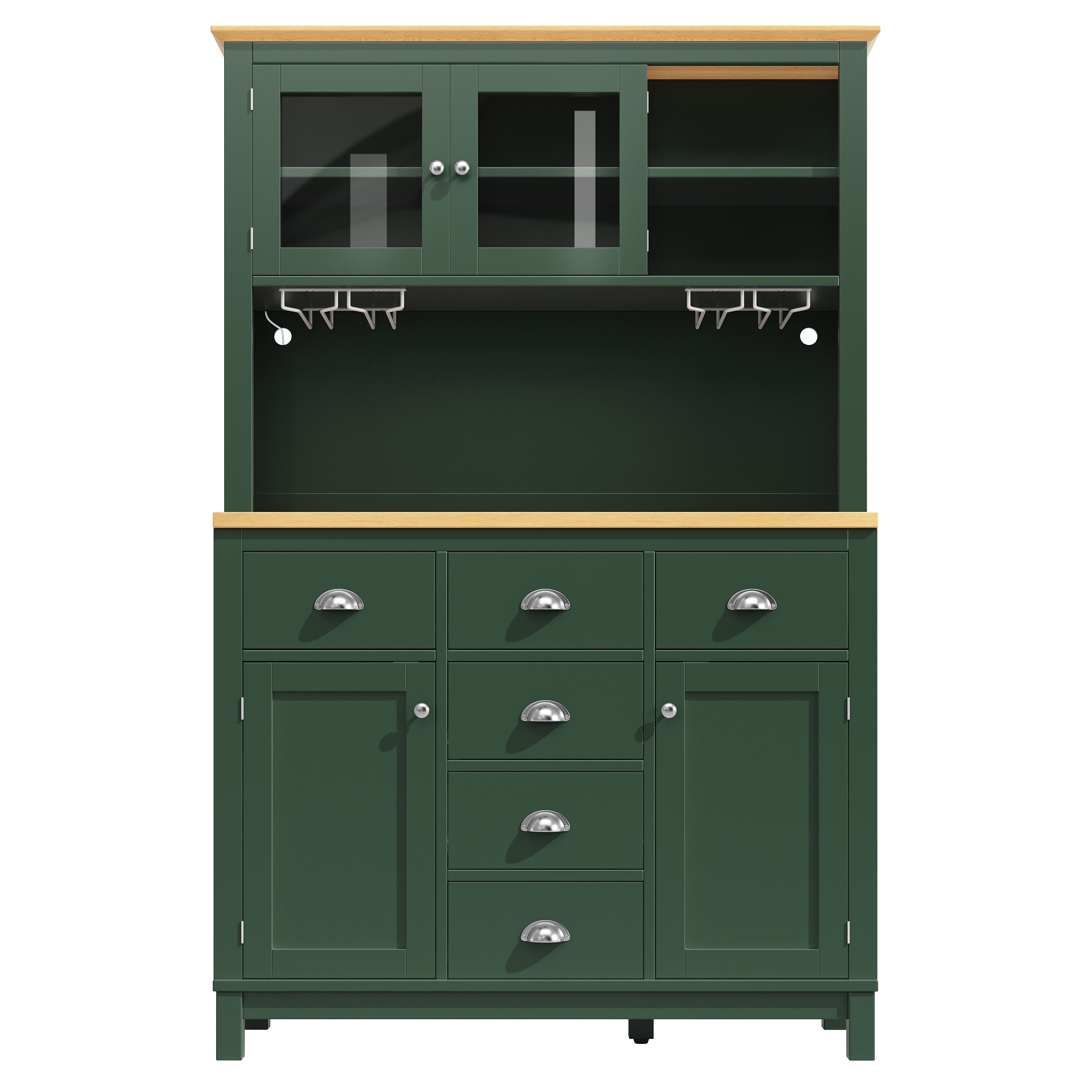 Flieks Küchenbuffet mit Arbeitsplatte in Holzoptik Natur & LED-Beleuchtung in Retro-Stil (1-St., B104/T40/H180 cm) Hochschrank Küchenschrank mit Gläserhalter, Schubladen und Glastüren