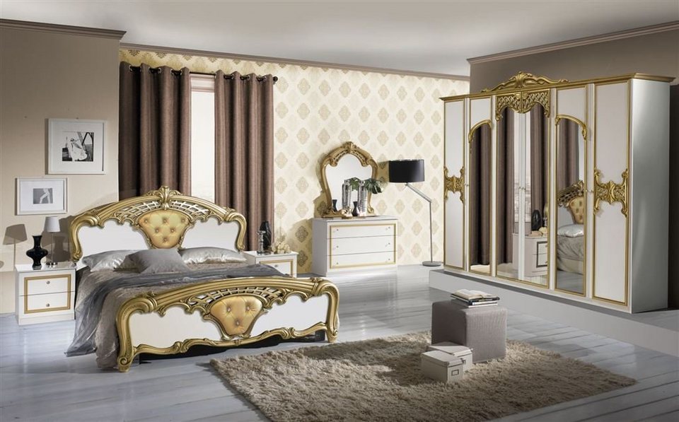 Interdesign24 Schlafzimmer-Set Elena, klassischer Barock Stil in Weiss/Gold  Hochglanz 6-Teilig