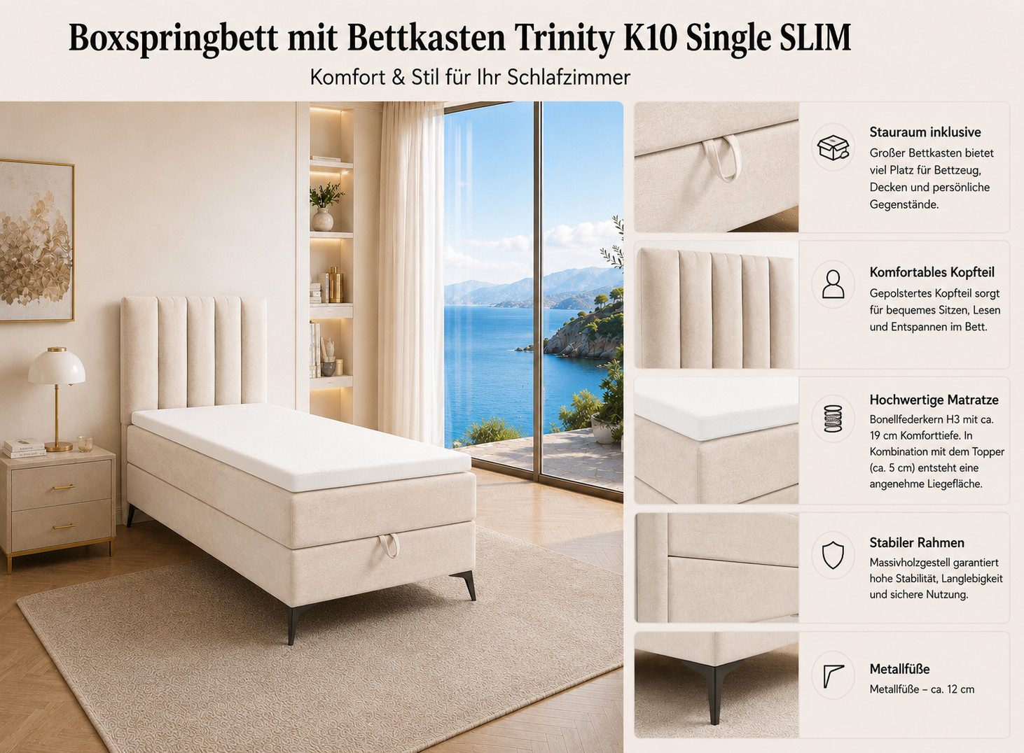 Best for Home Boxspringbett K10 Single SLIM mit Bettkasten & Bonellfederkernmatratze, Topper H3 (Einzelbett, Polsterbett, Kinderbett, Juniorbett, Hotelbett, 70x200 80x200 90x200 100x200 cm), mit oder ohne Topper, Flexible Liefermöglichkeiten, Handwerksqualität