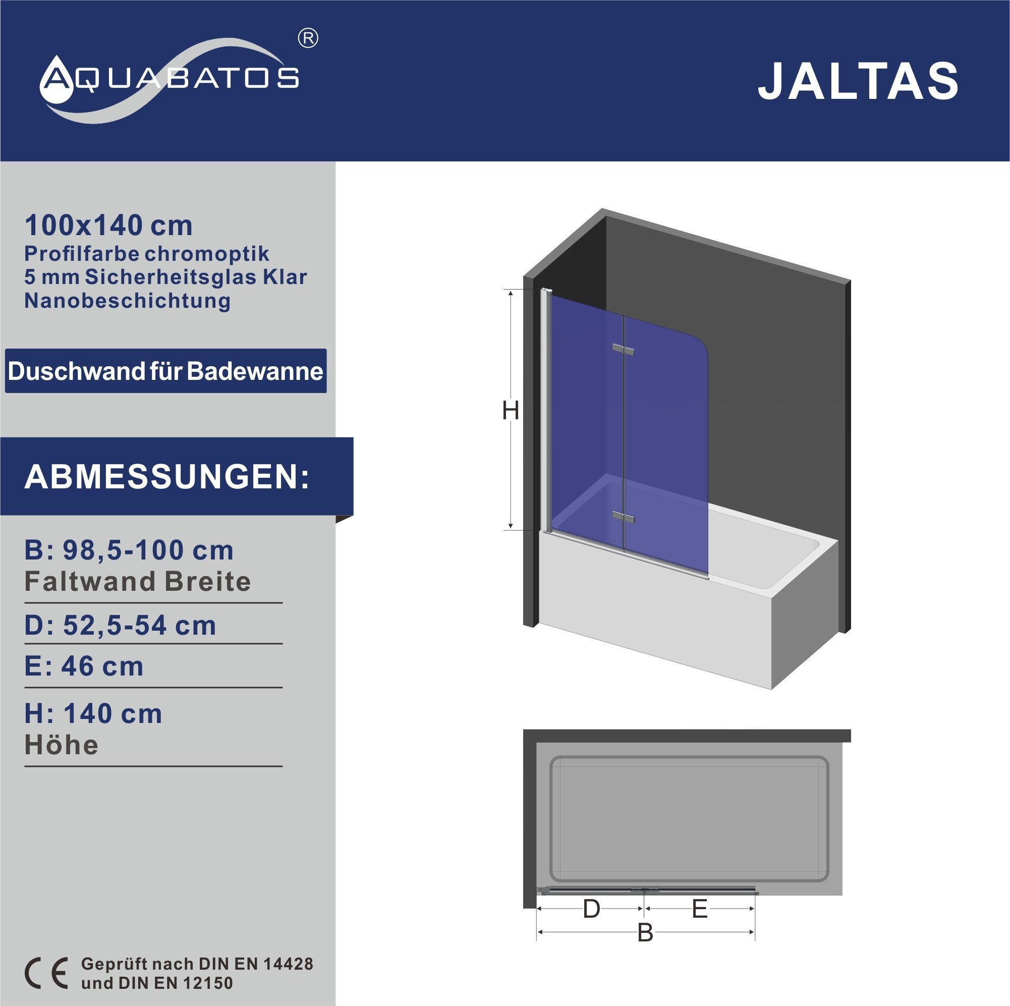 AQUABATOS Badewannenaufsatz Badewannenaufsatz faltbar Glas Badewannenfaltwand Duschabtrennung, Einscheiben-Sicherheitsglas (ESG) 5mm