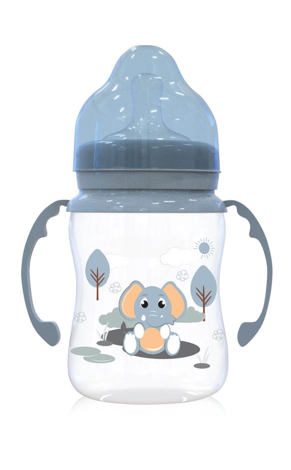 Baby Care Babyflasche Baby-Weithalsflasche 250 ml, mit Griffe, Sauger Größe 0+, Schutzdeckel blau