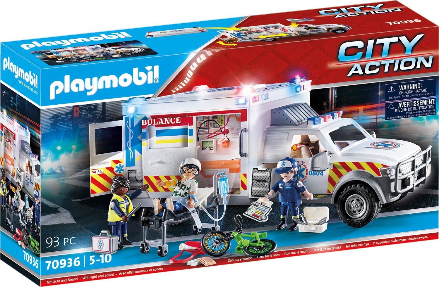 Playmobil® Konstruktions-Spielset Rettungs-Fahrzeug: US Ambulance (70936), City Action, (93 St), mit Licht- und Soundeffekten, Made in Germany