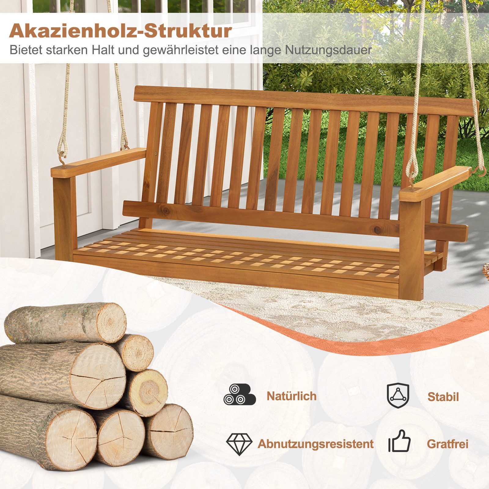 COSTWAY Hollywoodschaukel, Verandaschaukel Akazienholz, für 2 Personen, 360kg