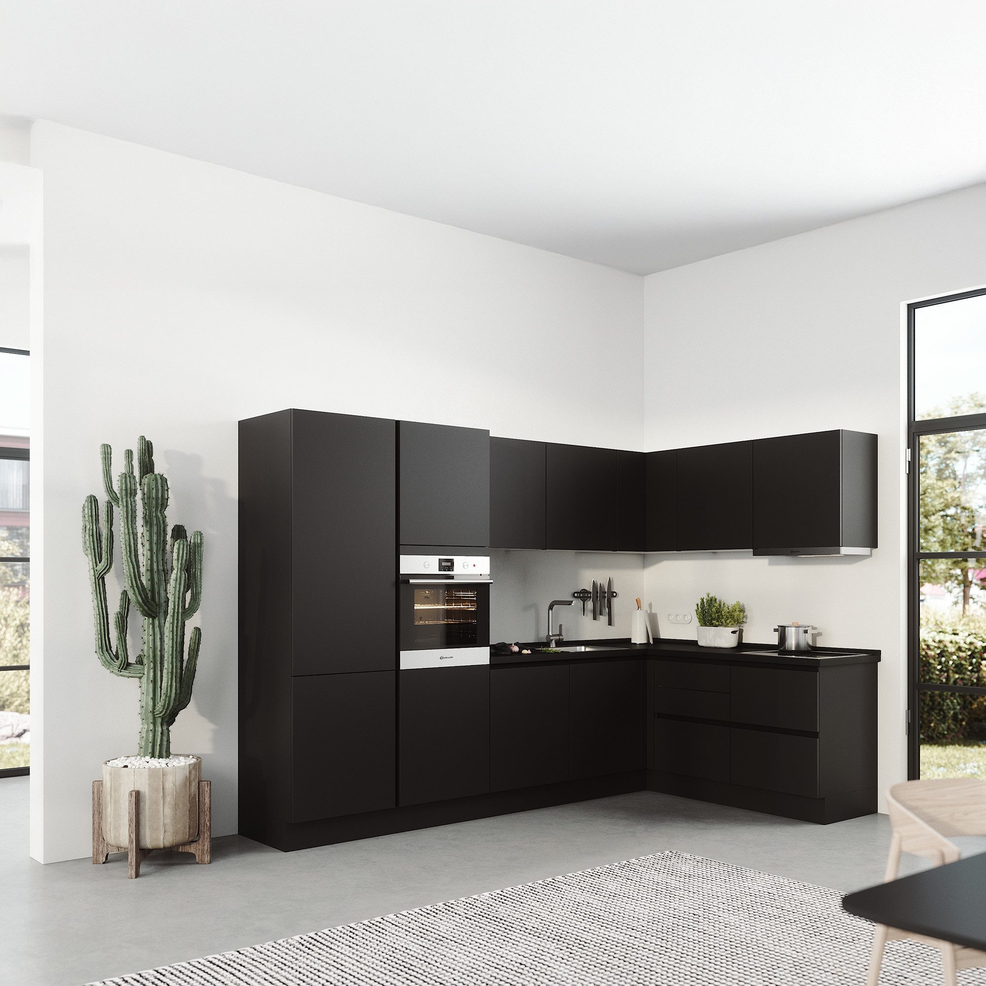 ROCTOR Winkelküche RT9002 Perfect Soft / AP PerfectSense Schwarz - 492,5 cm breit, Vormontiert, inklusive Bauknecht E-Geräten, Korpus Made in Germany