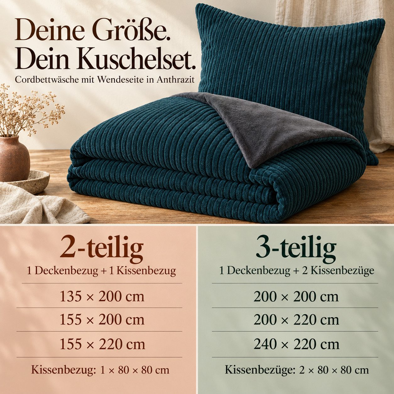 Leonado Vicenti Bettwäsche CORD Optik, Teddy Plüsch, Cashmere Touch, Fleece, 3 teilig, Winter, Wendeseite Anthrazit, flauschig, warm, Nicky-Plüsch – Bild 5 von 5