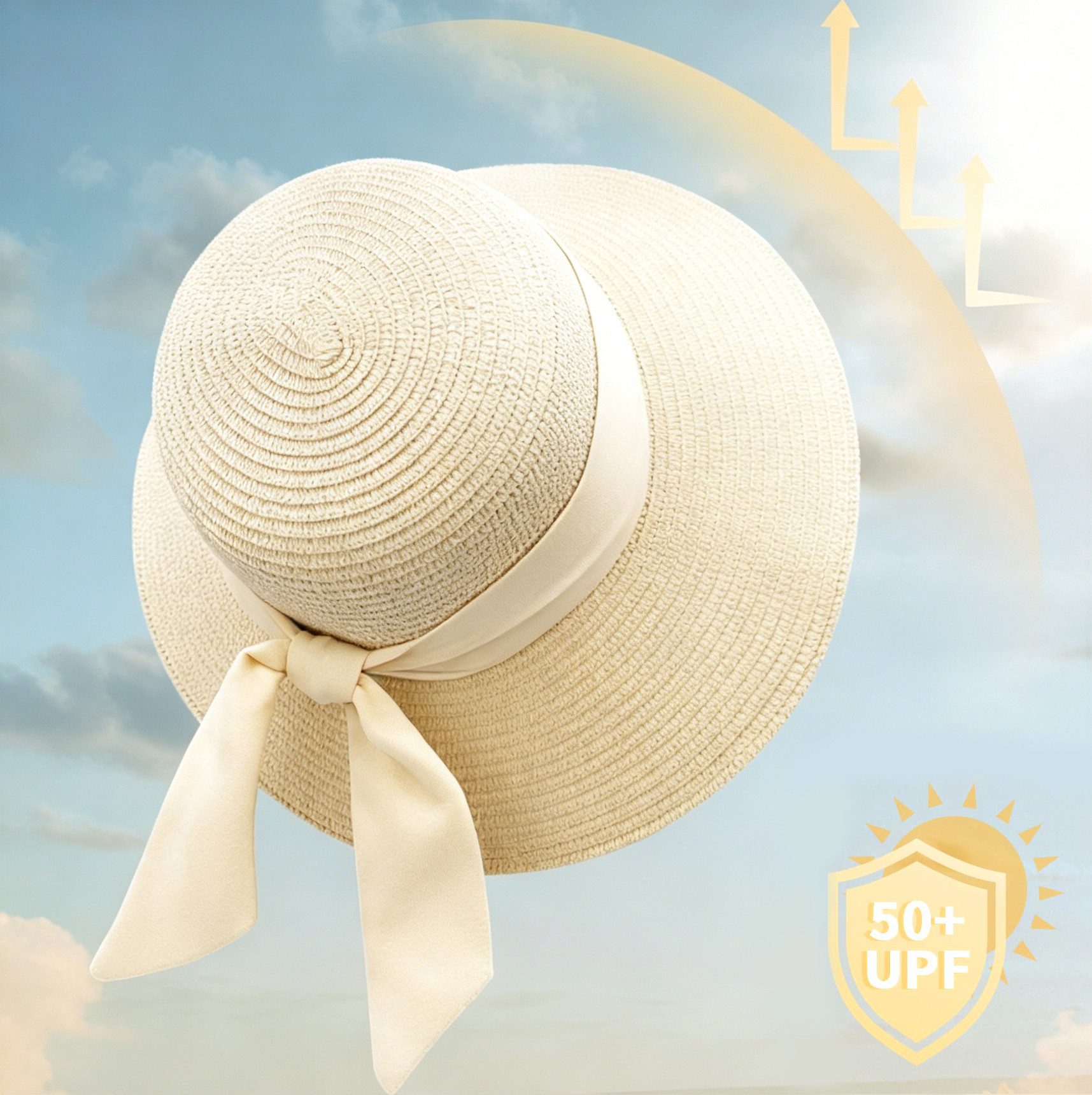 nsihing Strohhut Damen Sonnenhut mit Sonnenschutz, Sommer-Strandhut, Hut mit Schleife, ideal für Strandurlaub und Reisen