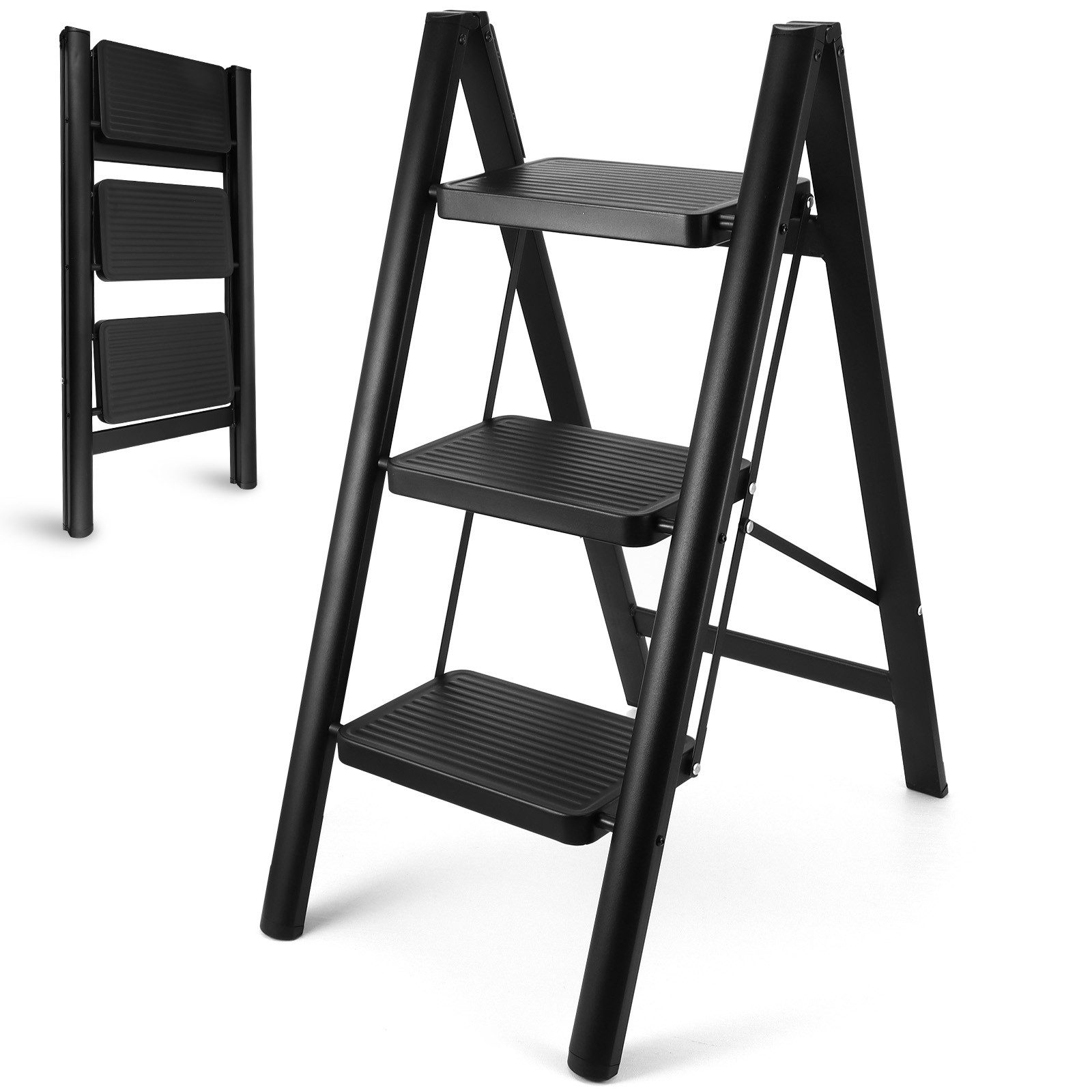 BlingBin Trittleiter 2 / 3 / 4 Stufen klappbare Küchenleiter mit breiten Stufen (1er Set, 1-St., 39*45*54 cm(T x B x H), Antirutsch-Oberfläche, belastbar bis 150 kg für Haushalt & Büro