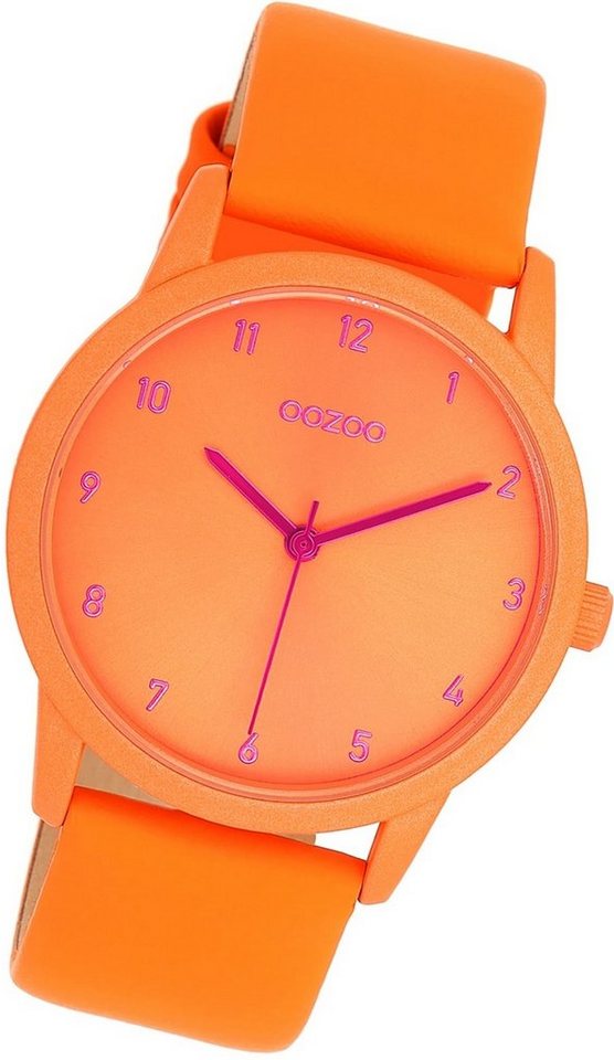 OOZOO Quarzuhr Oozoo Damen Armbanduhr Timepieces, Damenuhr Lederarmband  orange, rundes Gehäuse, mittel (ca. 38mm)