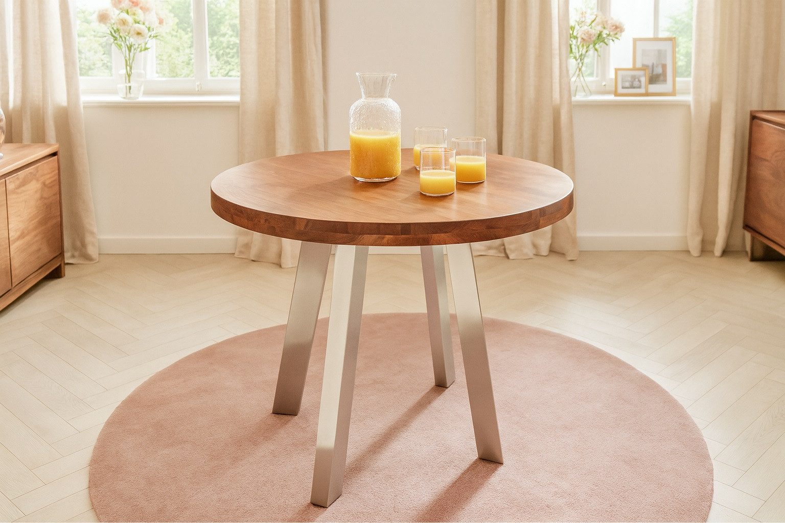 SAM® Esstisch Samira, aufgedoppelte Tischplatte (50mm), Akazienholz massiv, 4-Fuß-Gestell
