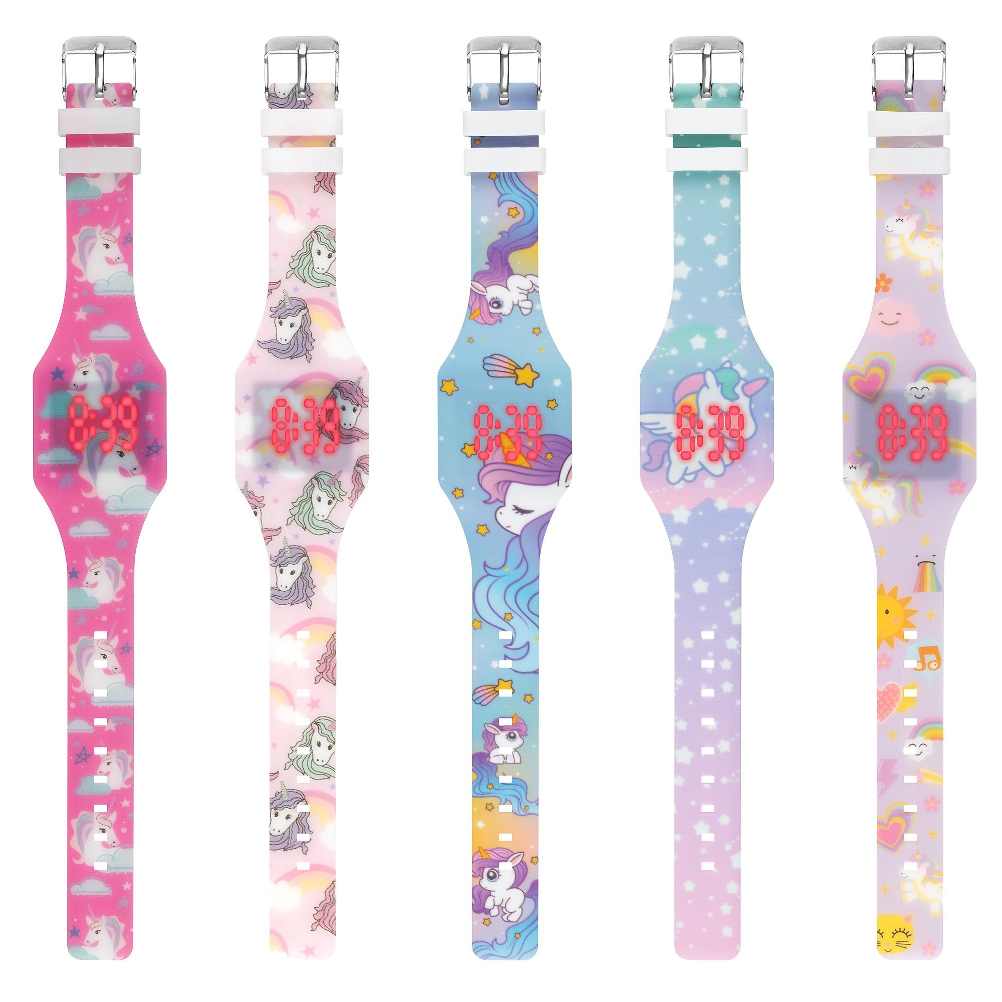 rosa Kinderuhr Kinder Armbanduhr Regenbogen Sportuhr Taffstyle Quarzuhr Lernuhr LED Fluoreszierend Einhorn Uhr, Digital Mädchen Bunt Silikon