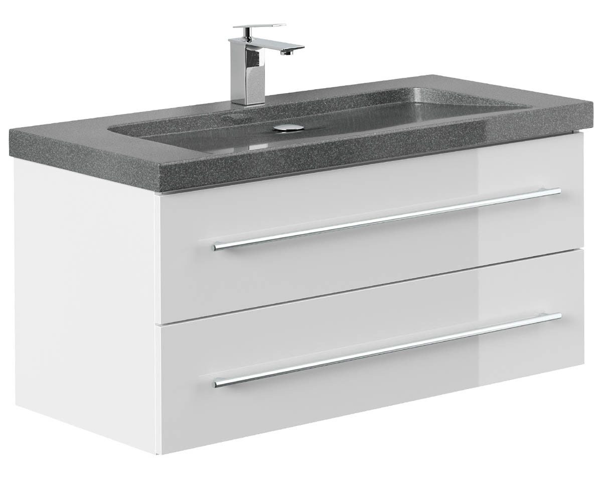 Posseik Waschtisch-Set Badmöbel Waschtisch NATURE 100cm, Granit-Waschbecken, weiß hochglanz, (Badmöbel Set, 1-St., Waschtisch Set)