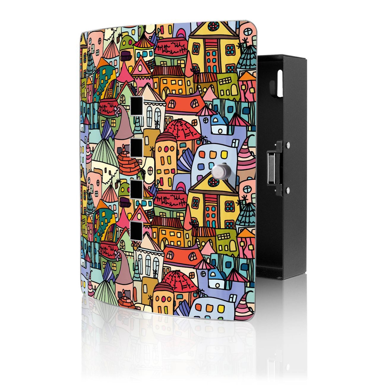 banjado Schlüsselkasten Edelstahl mit Motiv Funky Town (verstellbarer Magnetverschluss, mit 10 Haken, gebogene Tür, einstellbarer Magnet), 24 x 21,5 x 7 cm