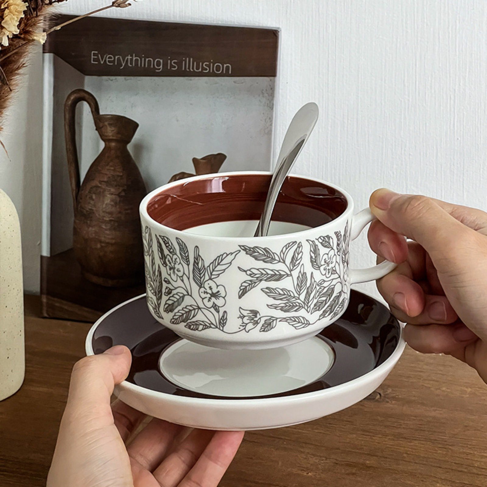 Braun Teetasse, Kaffeetassen Keramik, Tasse, Untersetzer, HOMEIDEAS mit Porzellan, 250ml