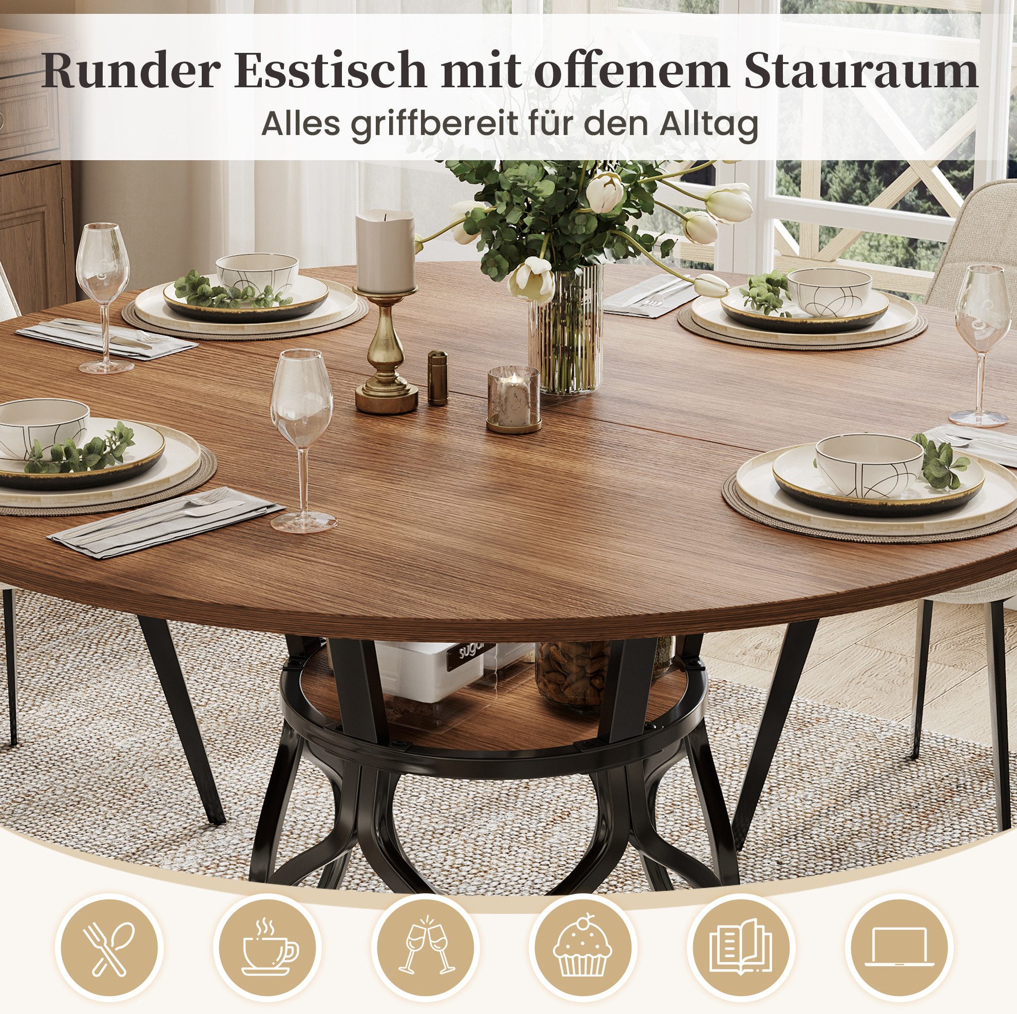 MODFU Esstisch Kompakter Tisch – 100×100×75 cm für 4–6 Personen (Packung, 1-St., Walnuss+Schwarz, für Esszimmer & Wohnzimmer), Walnussoptik, Ablage, Metallgestell, vielseitig