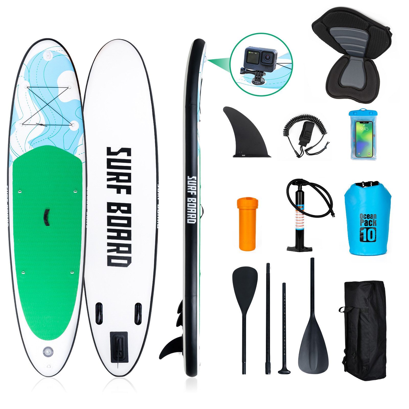 Puluomis Inflatable SUP-Board Set aufblasbar mit Halter, Sitz und Fußband, MB. bis 150Kg, 335/320cm, Surfbrett Paddling Paddelboard