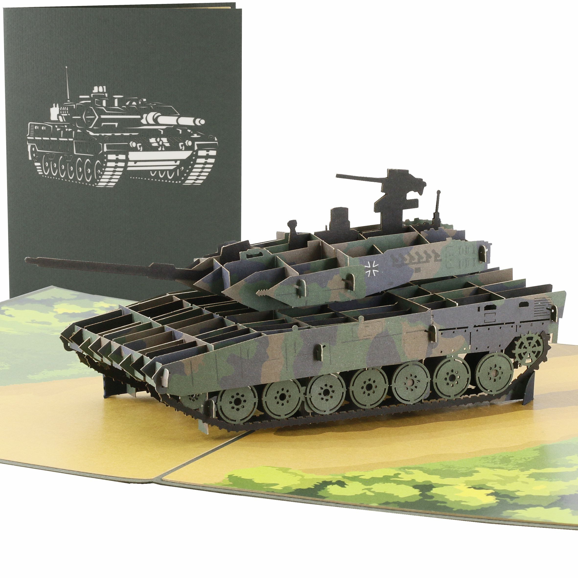 design3dkarten Glückwunschkarte Pop Up Karte Panzer – 3D Kampfpanzer im Leopard 2 Stil, mit herausnehmbarem Einleger, Umschlag und Schutzhülle