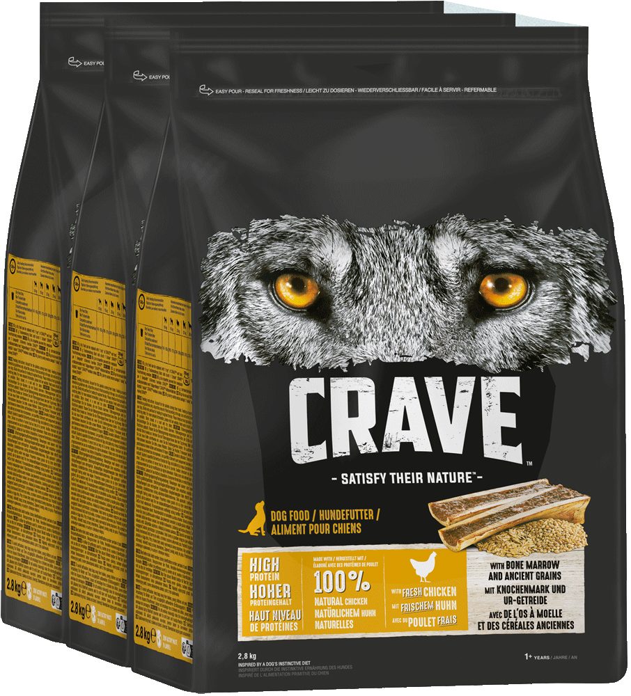 CRAVE CRAVE™ Hund Beutel mit Huhn, Knochenmark und Urgetreide 3 x 2,8kg, Trockenfutter für: Hunde