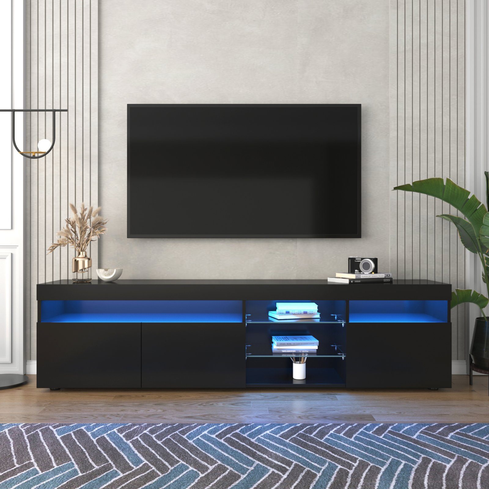 Schwarz TV-Schrank Farben) SEEZSSA x hochglanz Glasablage, 45cm Lowboard Panel Helles LED-Beleuchtung, im x (LED-Licht 35 4 mit 180