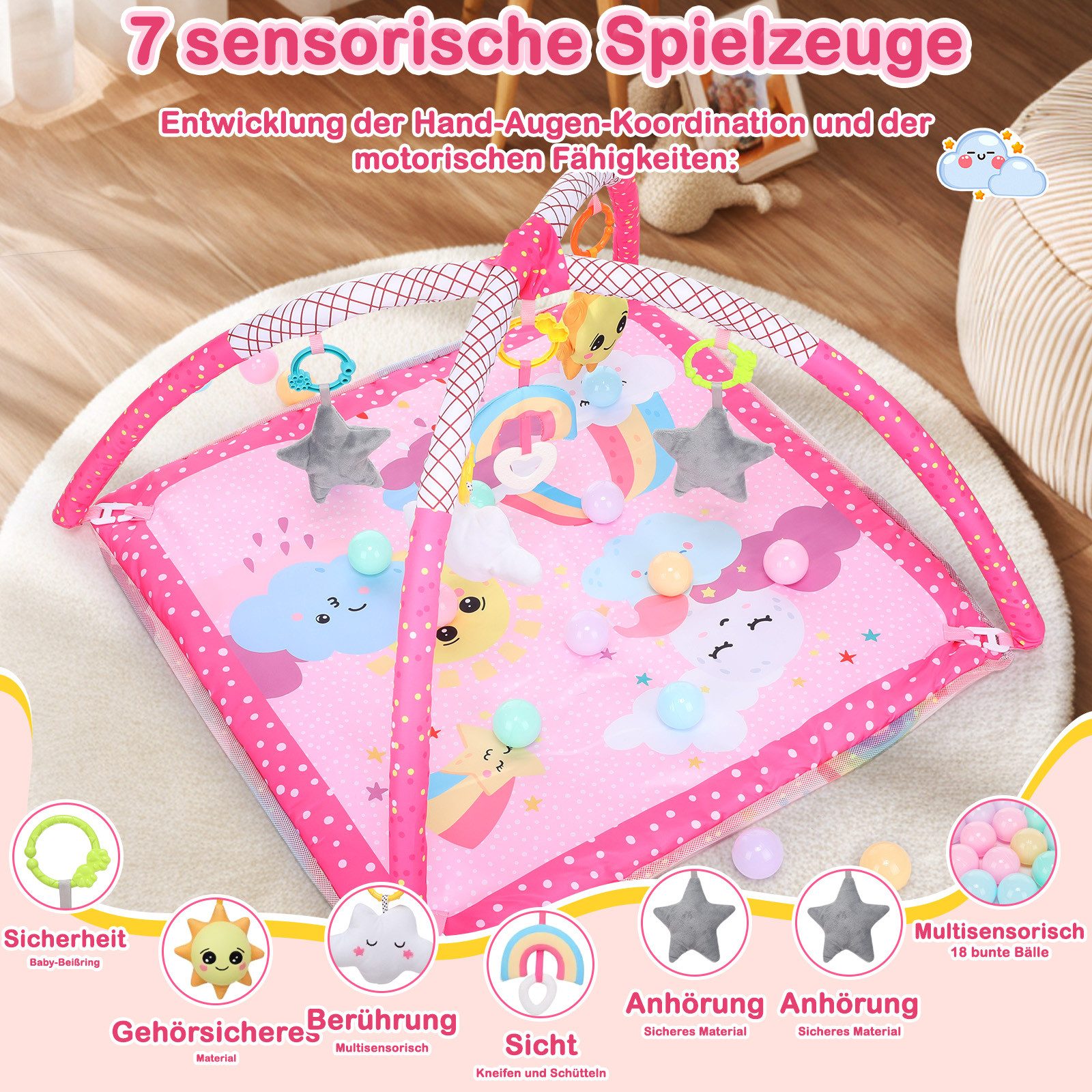 oyajia Spielbogen Baby Spielmatte Zaun Fitness Krabbeldecke Spielecke 75x75×53cm, (Geeignet für Neugeborene von 0–12 Monaten zur Wachstumserkundung), Faltbare Matte,Spielbogen für Babys Aktivitätsdecke,Meeresspielzeug