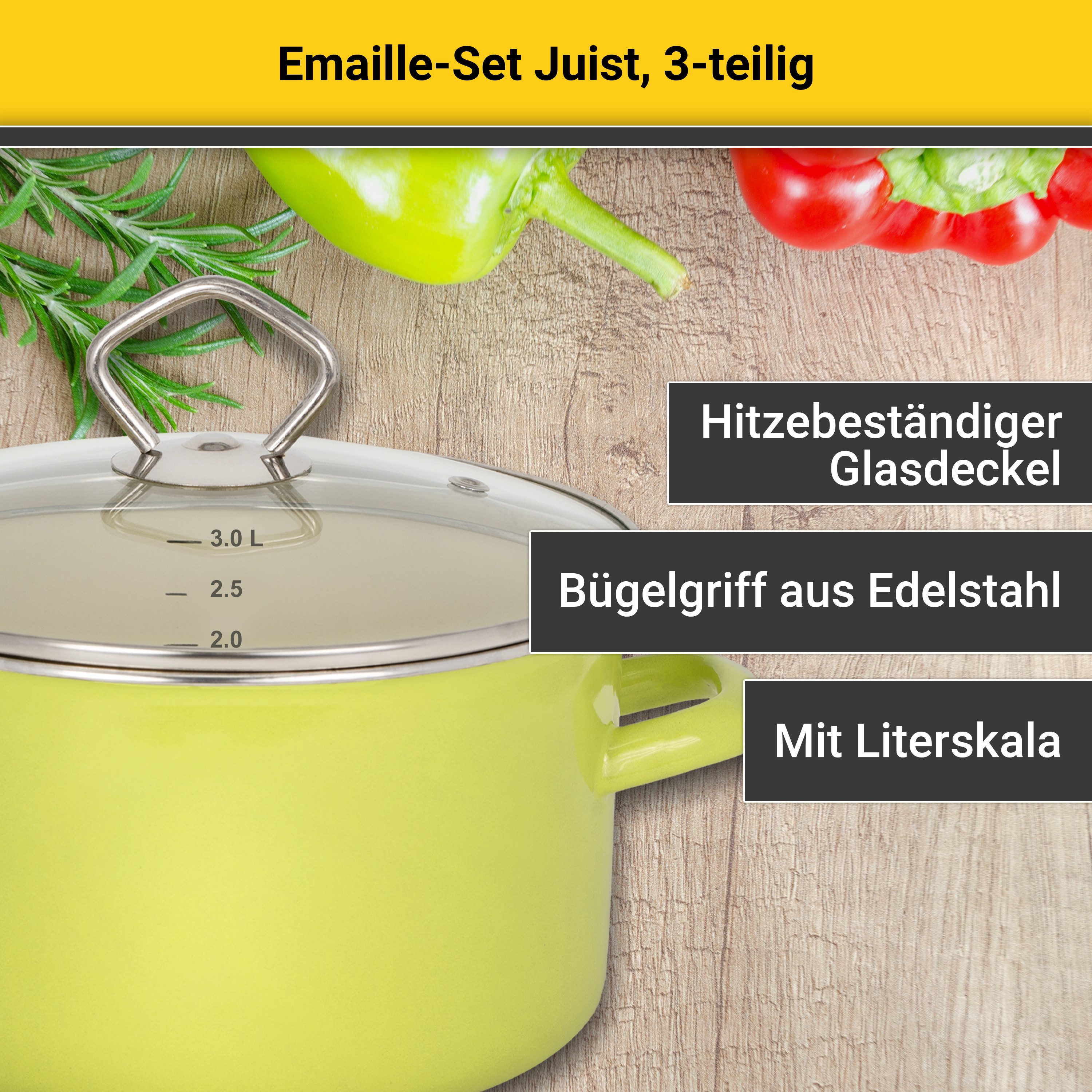 Krüger Topf-Set Emaille Topfset Juist, Emaille (Set, 5-tlg., Fleischtopf Ø 16 + Ø 20 cm mit Deckel, Stieltopf Ø 16 cm), mit Literskala, schnitt- & kratzfest, spülmaschinengeeignet