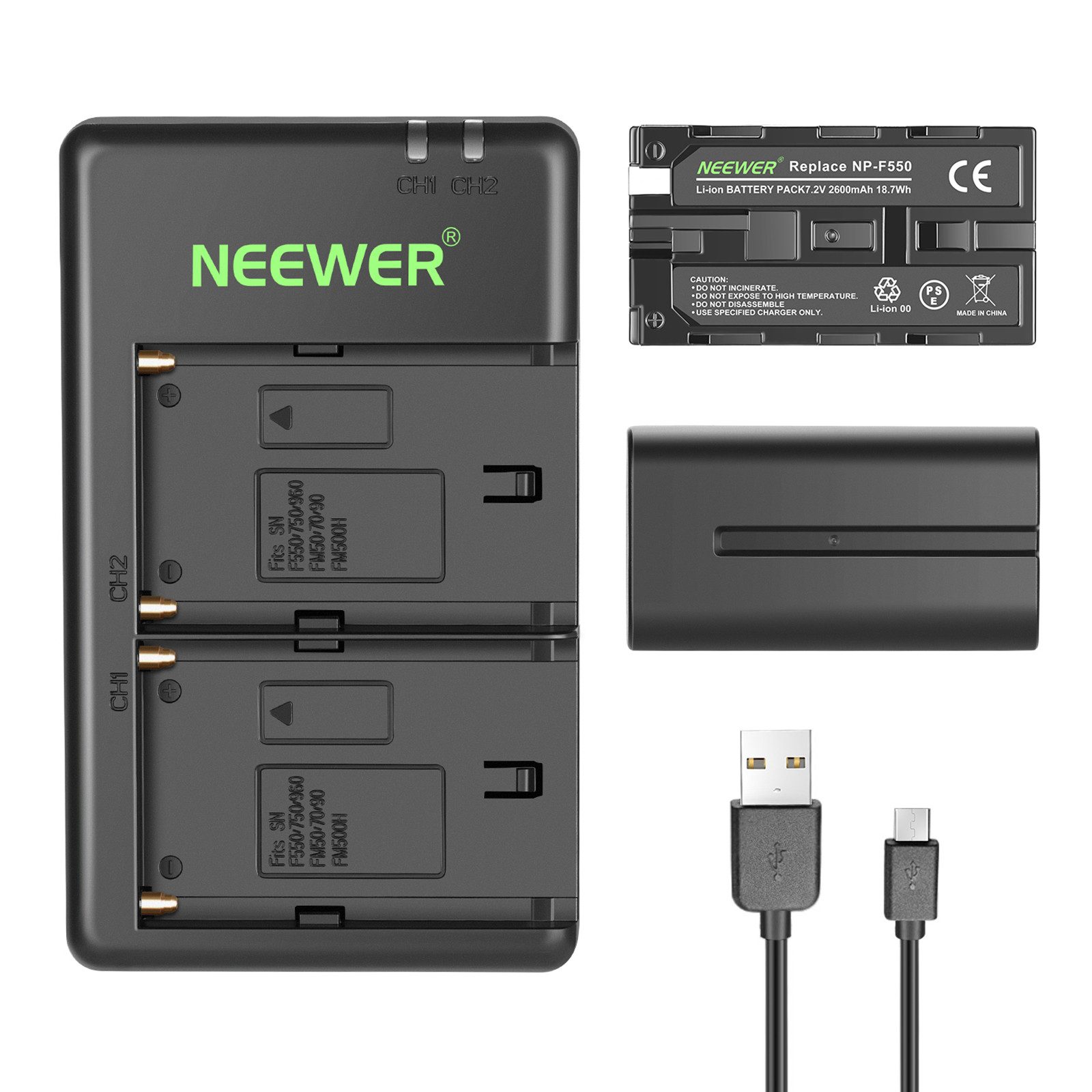 Neewer Ersatzakku und Ladegerät Set für NP-F550, 2er Pack 2600mAh Akkus Kamera-Akku, mit USB Ladegerät