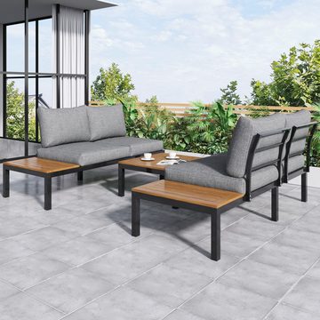 Tongtong Gartenlounge-Set Rahmen aus verzinktem Stahl,Akazienholz Tischplatte,Beige/Grau, (2x 2-Sitzer-Sofa, 2x Beistelltisch, 1x Tisch), Stoffbezug kann die Rückseite des Stuhls abdecken