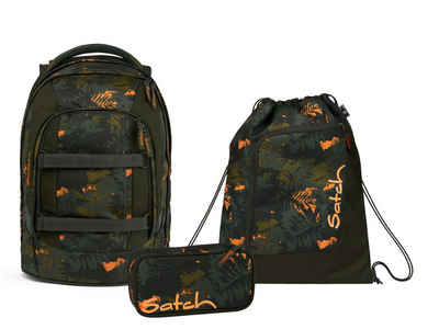 Satch Schulranzen Schulrucksack-Set PACK Jurassic Jungle 3-teilig (3-teilig), Laptop-Fach, Your-Size-System, Schulranzen