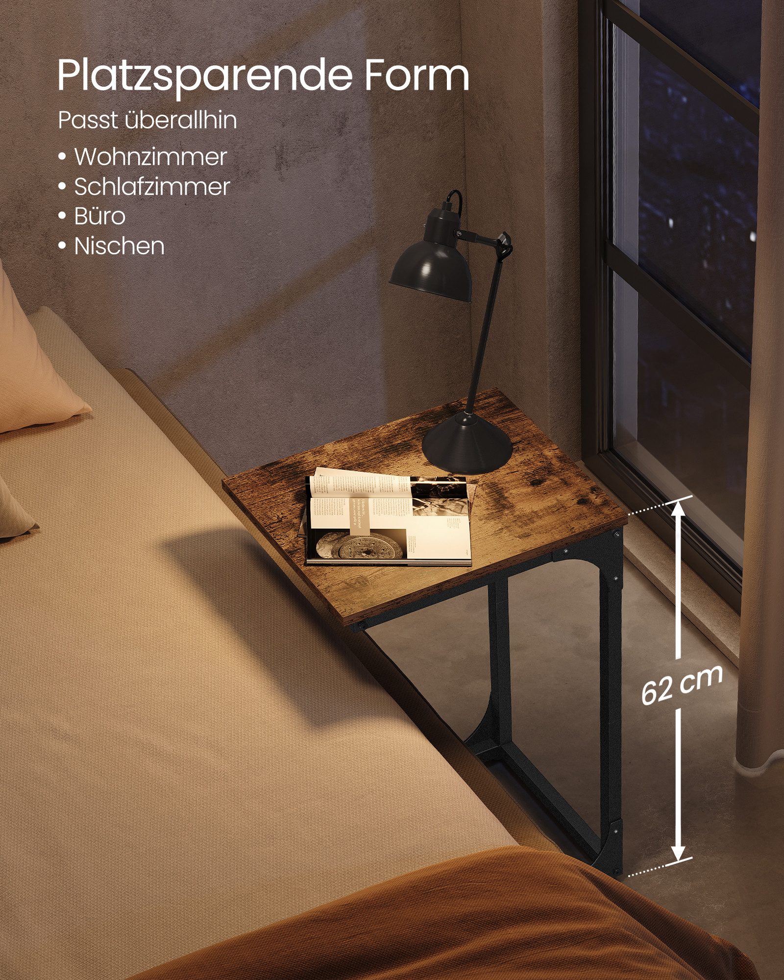VASAGLE Beistelltisch Sofatisch, C Form, Couchtisch, mit Metallgestell (1-St), industriell, für Wohnzimmer, Schlafzimmer, 30 x 40 x 62 cm