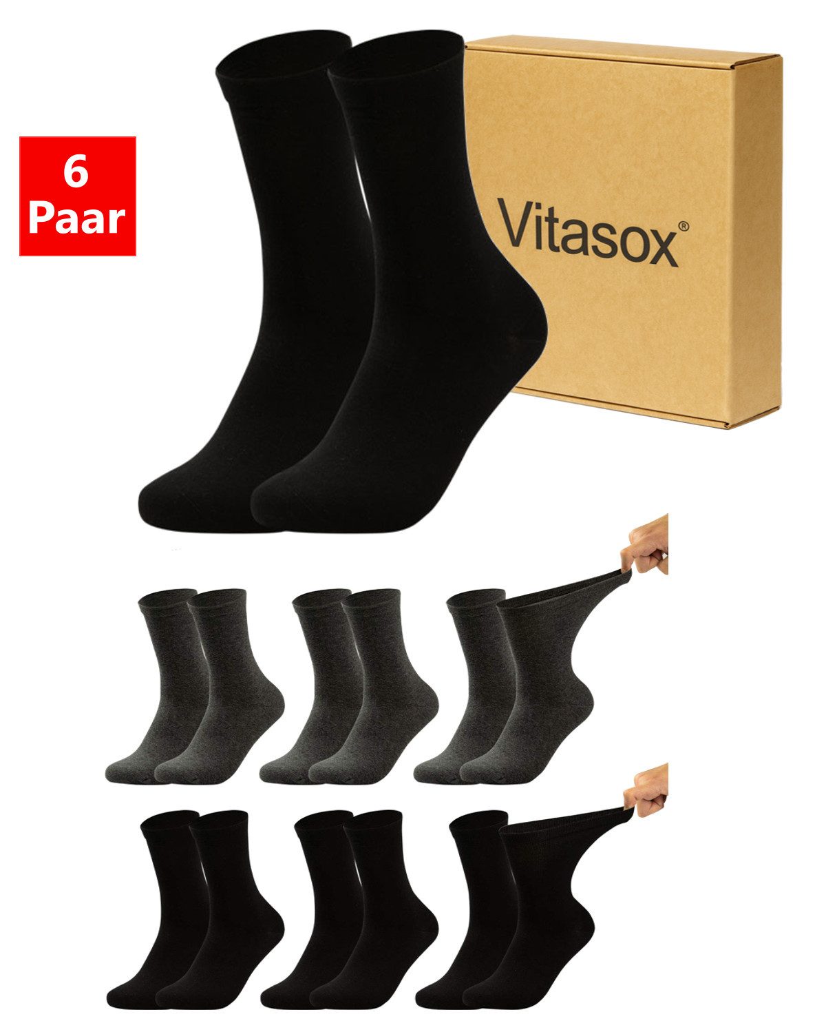 Vitasox Diabetikersocken für Herren - aus Baumwolle ohne Gummi, ohne Einschneiden und Abdrücken (6-Paar) mit weichem und dehnbarem Komfortbund