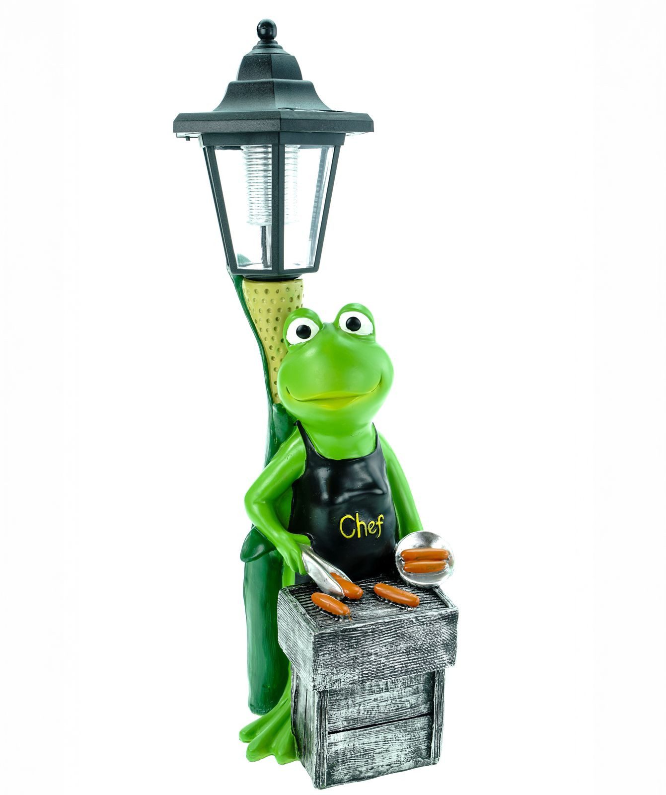 Kremers Schatzkiste Gartenfigur XXL Frosch Grillmeister LED Solarlaterne 42x14cm handbemalt