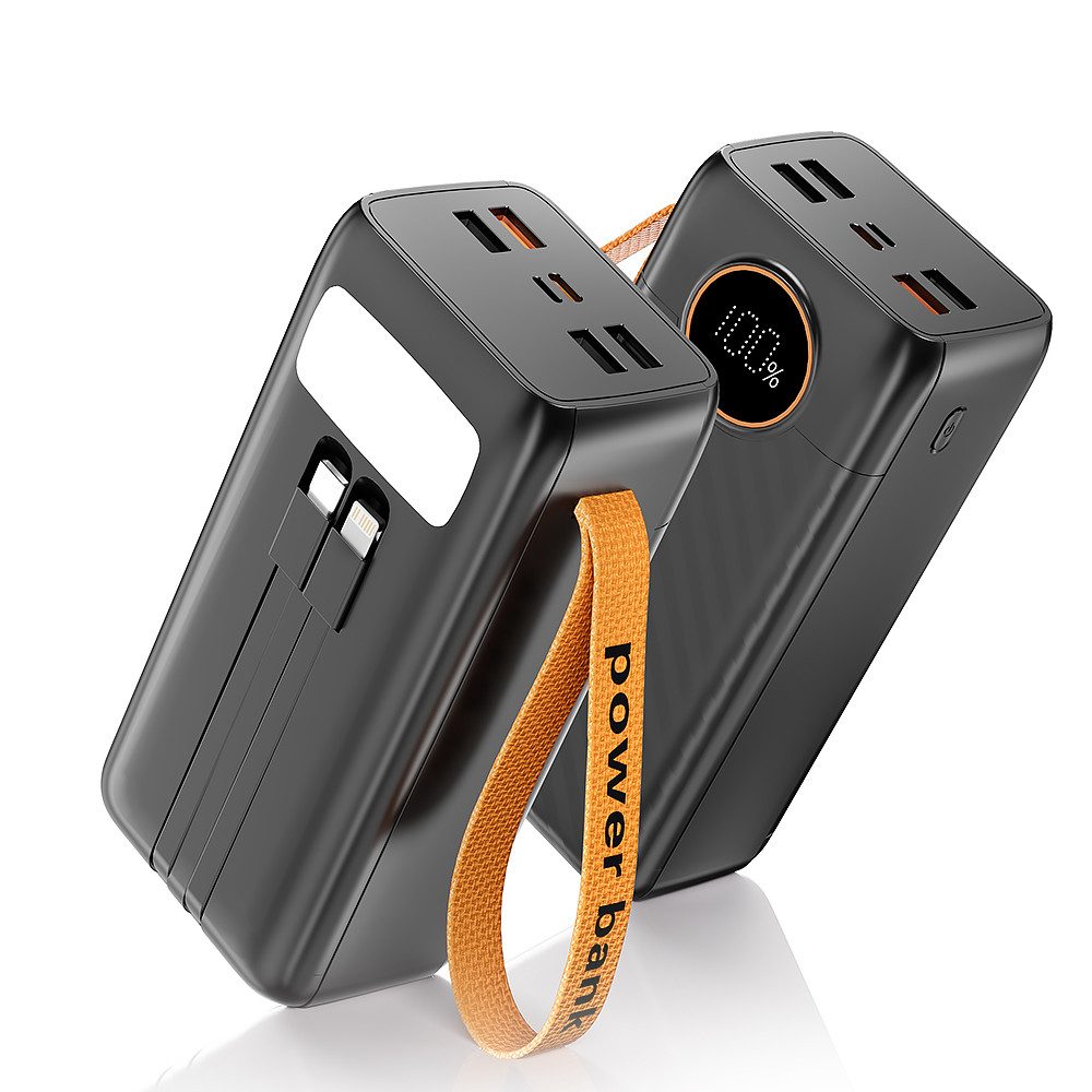 AeroAxis 22,5 W Schnellladen ALL-IN-ONE 60.000 mAh mit Kabel USB-C &Lightning Powerbank 60000 mAh, Lightning LCD-Display Prozentanzeige LED-Taschenlampe Trageschlaufe