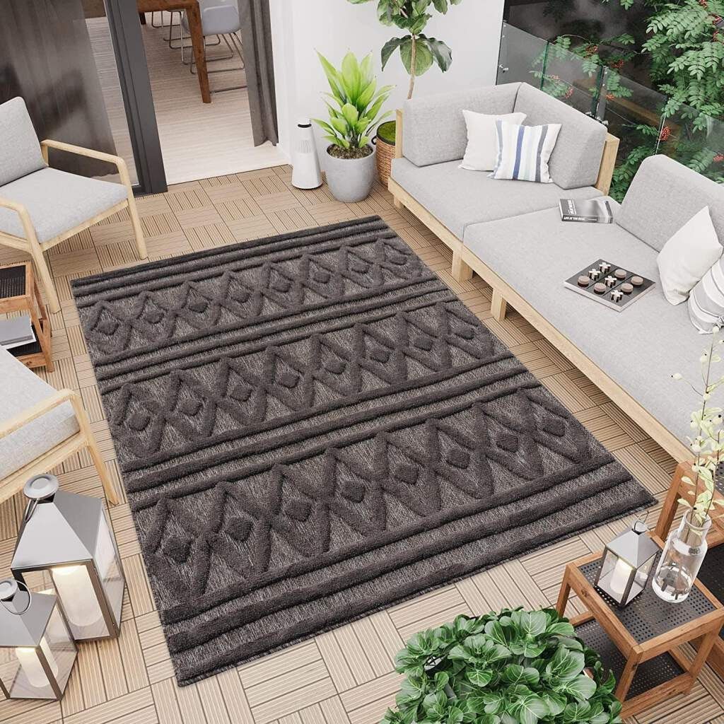 Teppich In-& Outdoorteppich Santorini 58538, 3D-Effekt, Raute-Optik, Carpet City, rechteckig, Höhe: 5 mm, Wetterfest & UV-beständig für Terrasse, Balkon, Küche, Flur anthrazit
