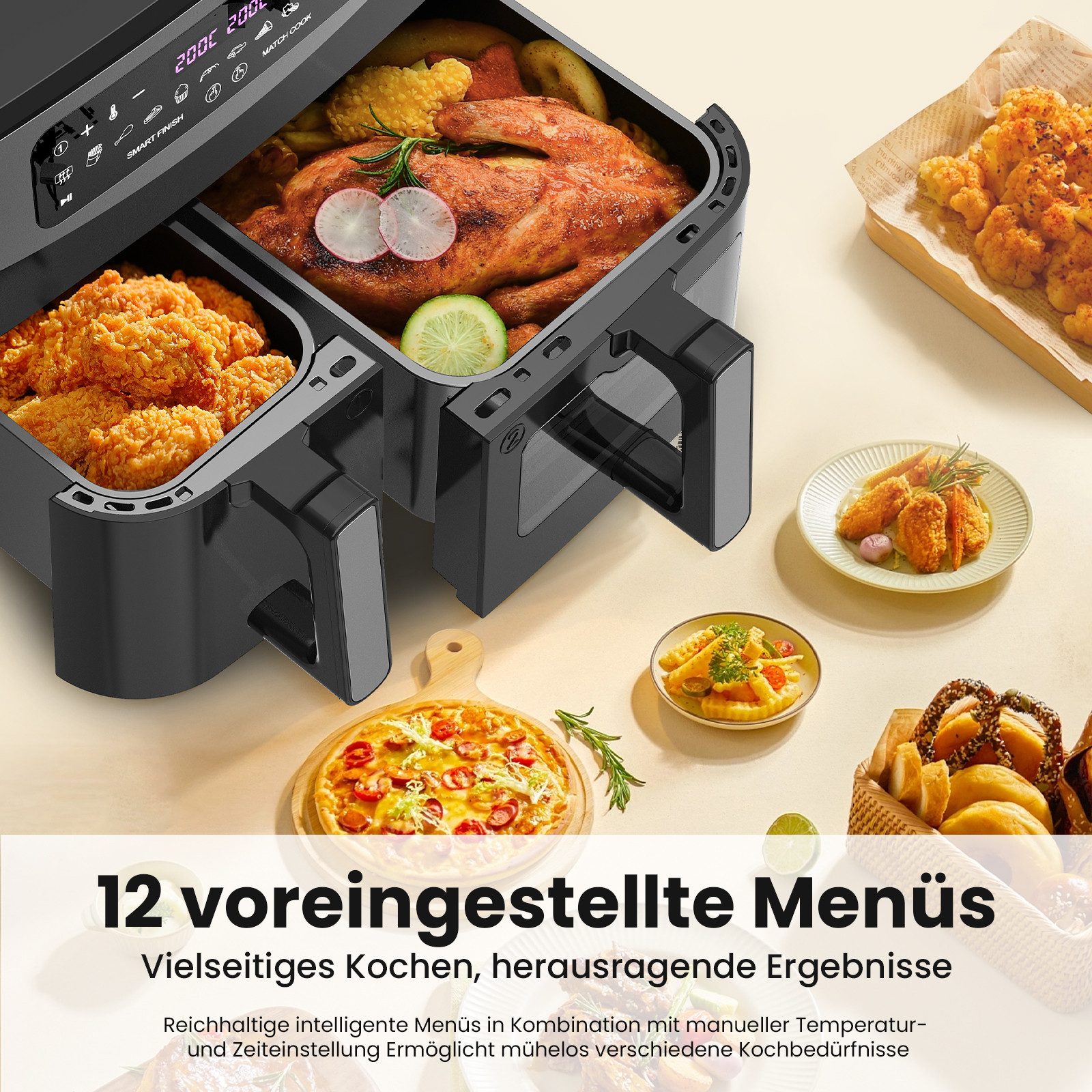 GIDGIMO Heißluftfritteuse 10L XXL Doppelkammer Heißluftfritteuse mit 230°C, 12-in-1 Programmen & Touchscreen – Smart&Match Funktion für gesundes, fettarmes Koch – Bild 4 von 5