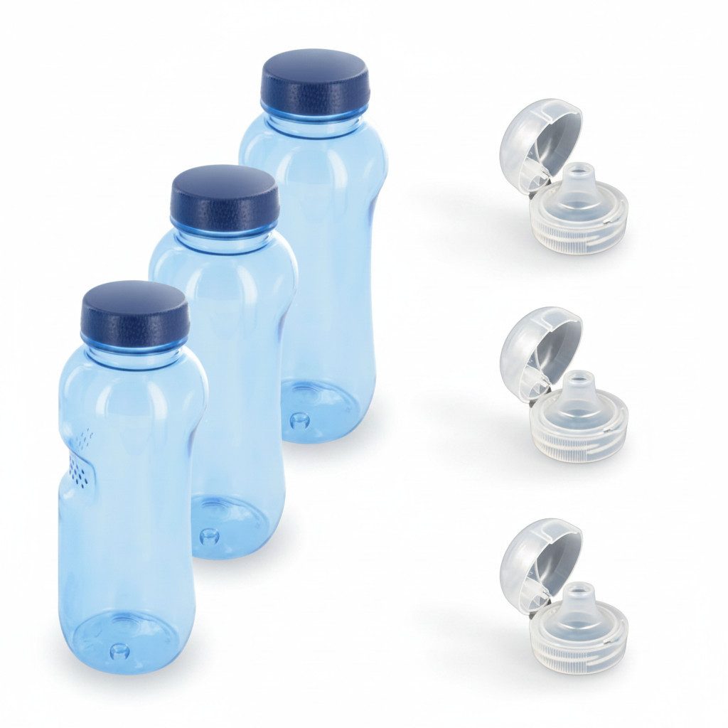 Greiner Trinkflasche, 3 x 0,5 L Wasserflasche Tritan BPA frei + 3 x Trinkdeckel Flip Top