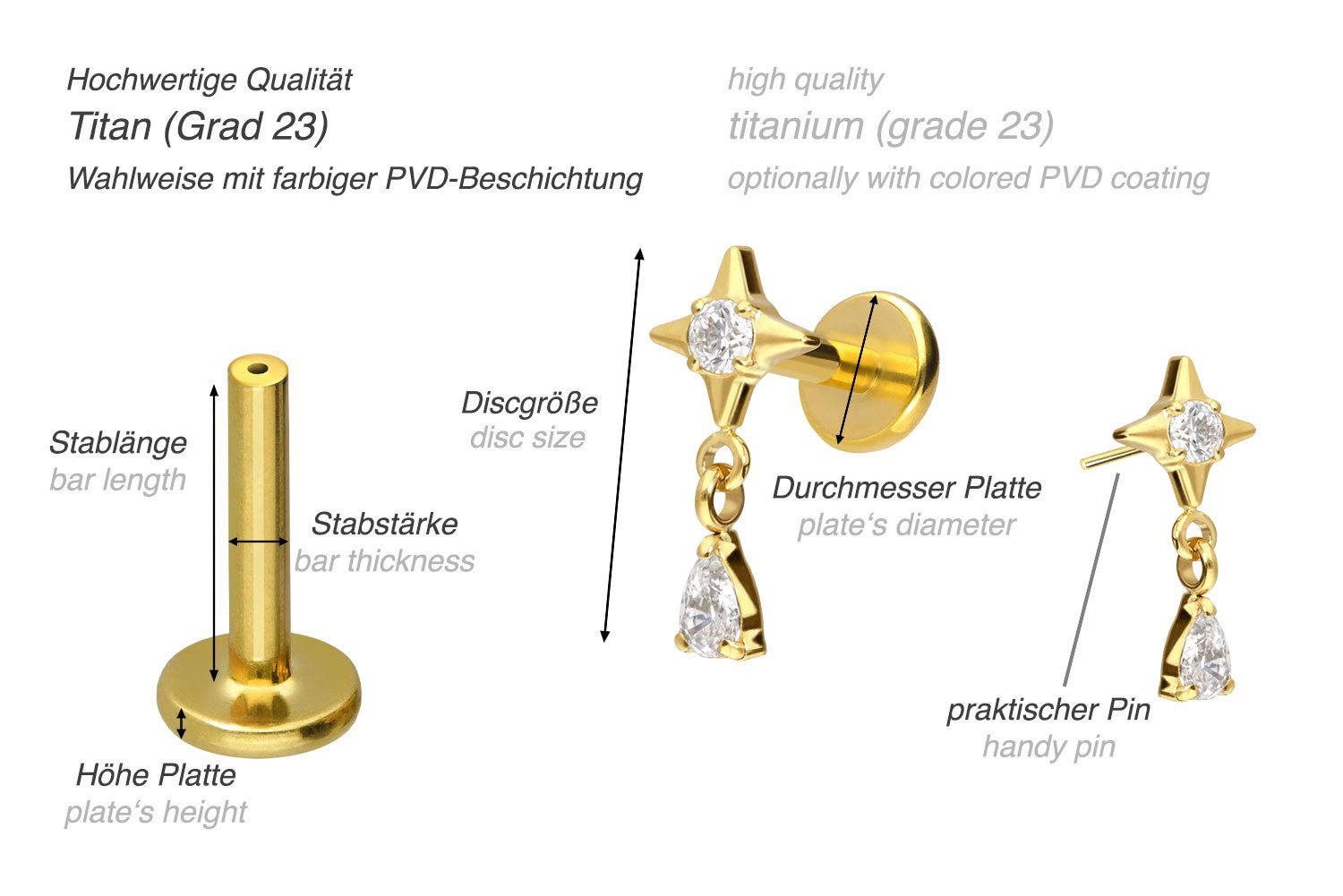 PIERCINGLINE Piercing-Set Titan Labret mit Push Fit STERN + KRISTALLTROPFEN (Labrets, 1-tlg)