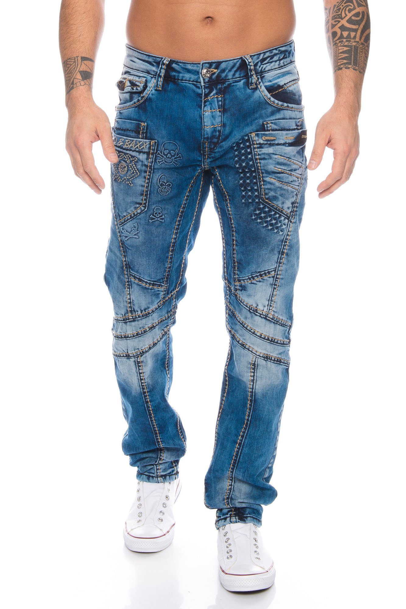Cipo & Baxx Slim-fit-Jeans Herren Jeans Hose mit stylischem Nahtdesign Jeanshose mit extravaganter Nahtstruktur und Branding, Besonderer Tragekomfort dank Stretchanteil | Stretchjeans