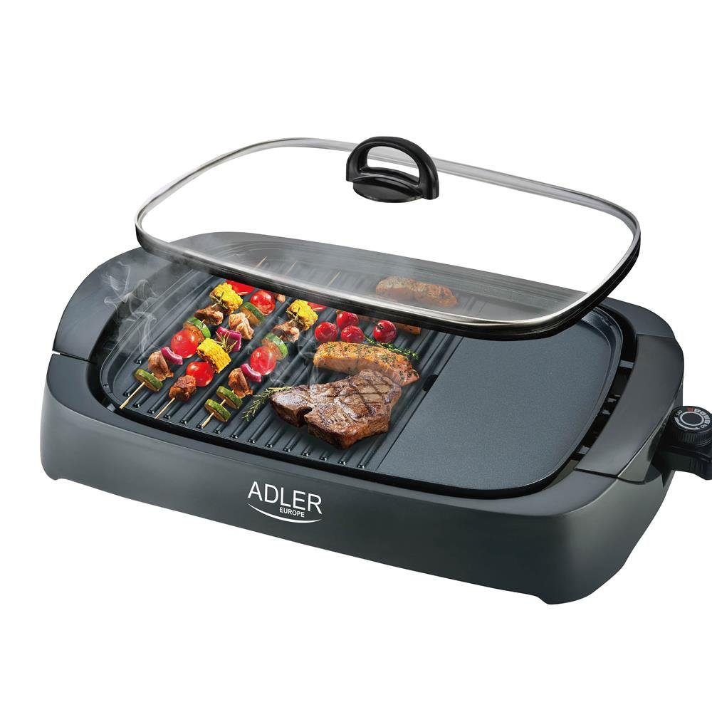 ADLER EUROPE Tischgrill AD 6610 Elektrogrill Tischgrill, Grillplatte mit Glasdeckel, 3000 W, große Grillfläche, Antihaftbeschichtung, Temperaturregler, Schwarz