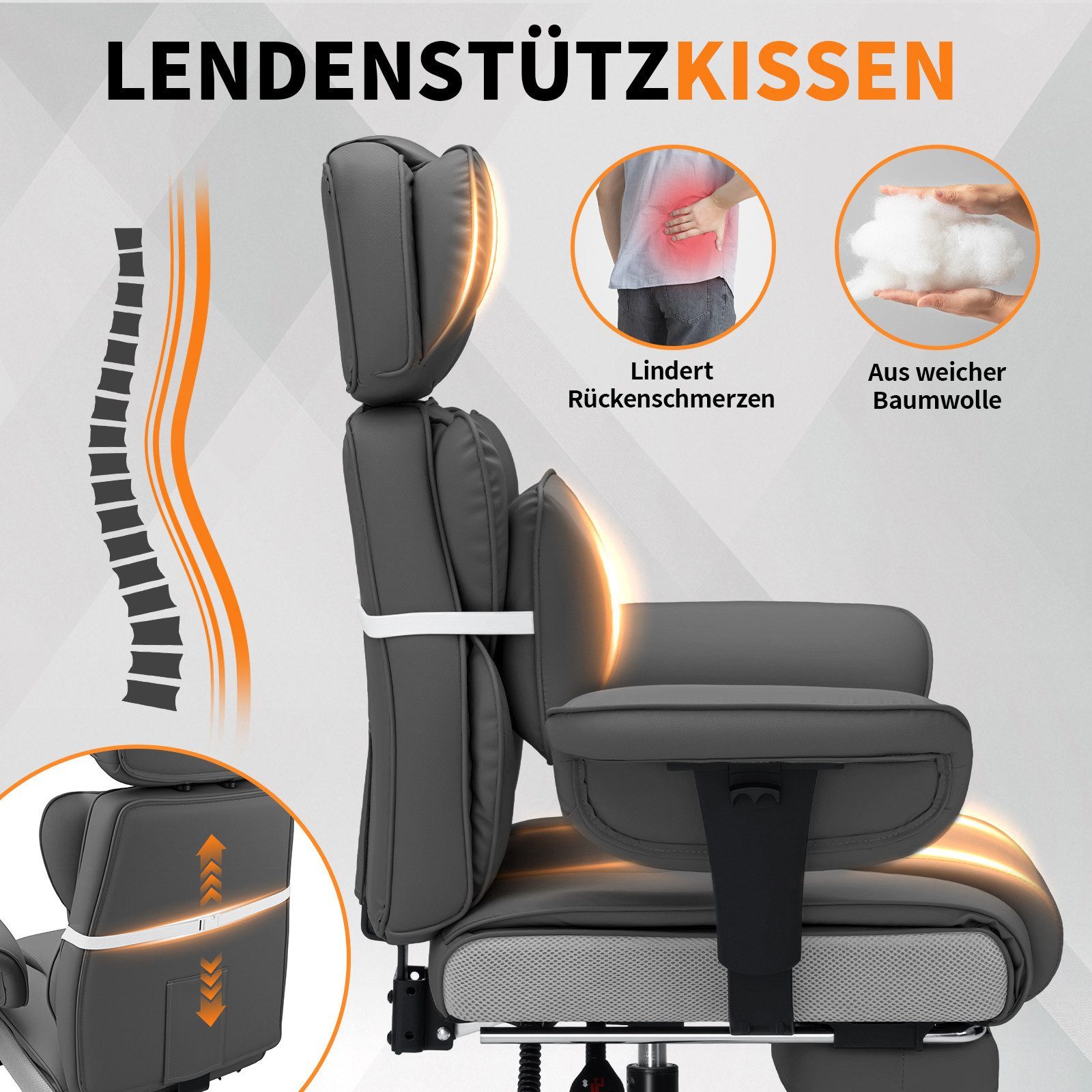 Hoffree Drehstuhl XXL Ergonomischer Bürostuhl Chefsessel Gaming-Stuhl Kunstleder, mit Fußstütze, verstellbarer Kopf- & Armlehnen, Max bis 200 kg – Bild 4 von 5