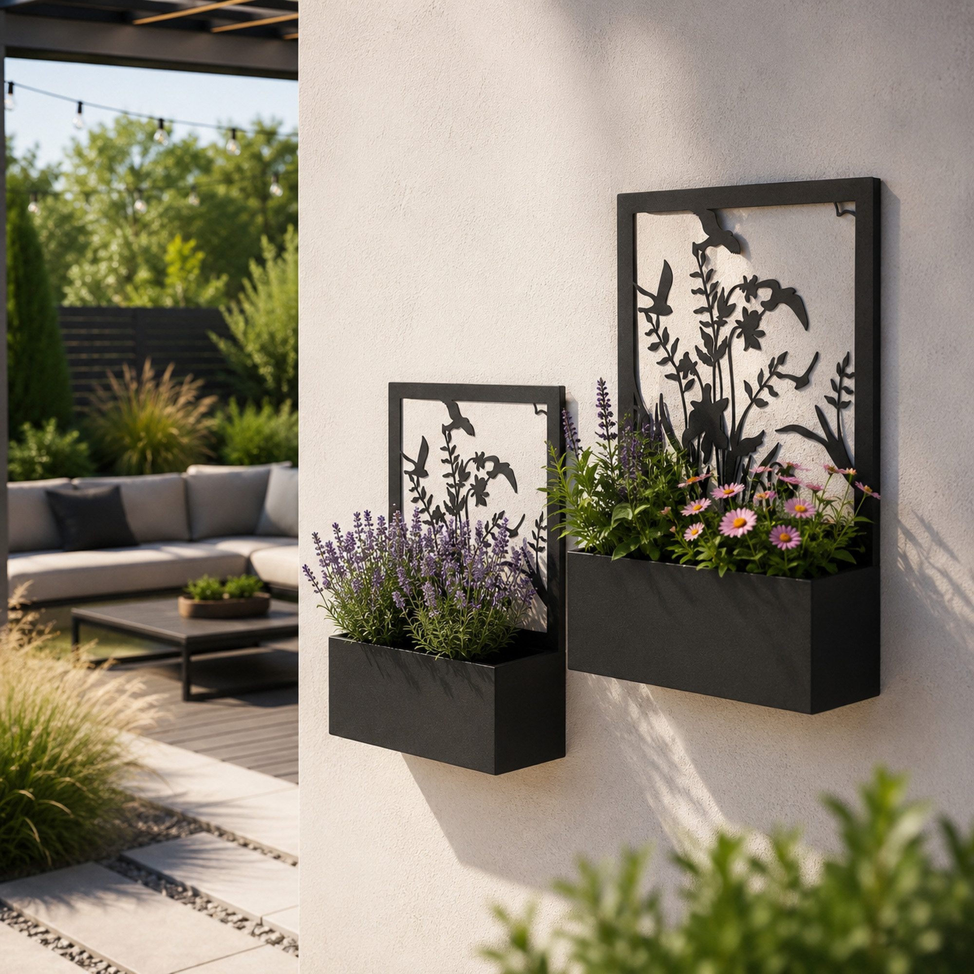 UNUS GARDEN Pflanzkübel Blumenkasten Metall Wandregal 2er Set (schwarz), modern und dekorativ - Blumen- & Vögelmotiv