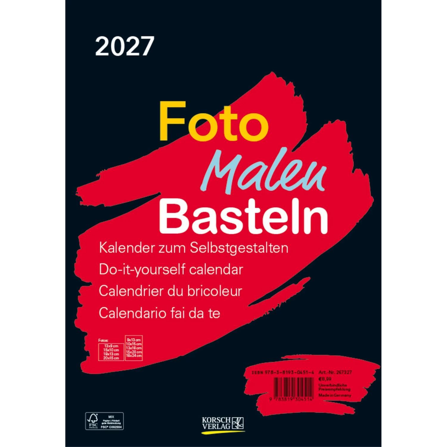 Korsch Verlag Wandkalender Foto-Malen-Basteln Bastelkalender A4 schwarz 2027