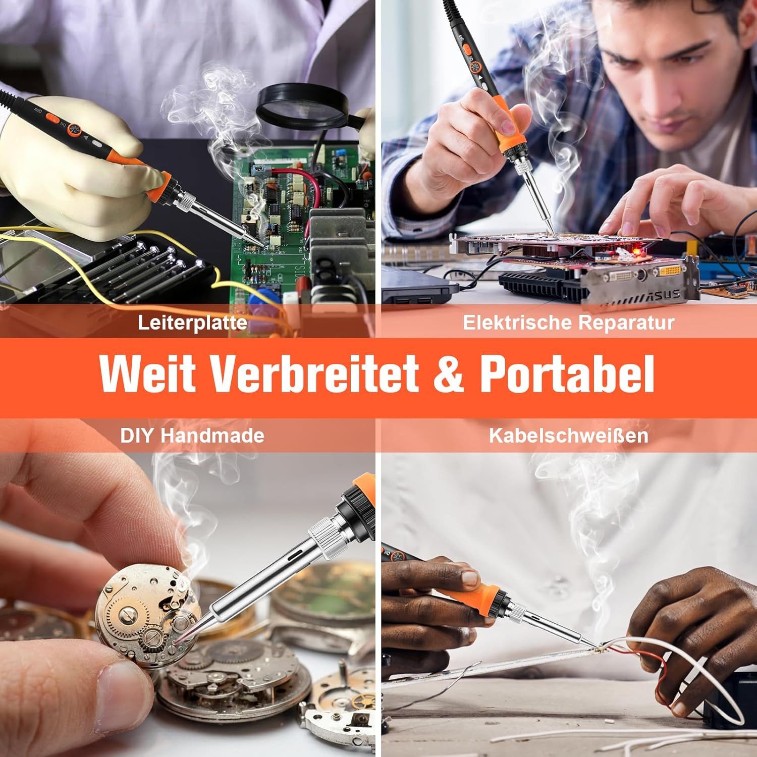 Diyarts Lötkolben, max. 480 °C, max. 90 W, Netzbetrieb (220–240 V), Komplettset, Lötkolben, 5 Spitzen, Draht, Paste, Pinzette, Sauger, Ständer, Koffer, Mit Temperaturregelung und komplettem Zubehörset