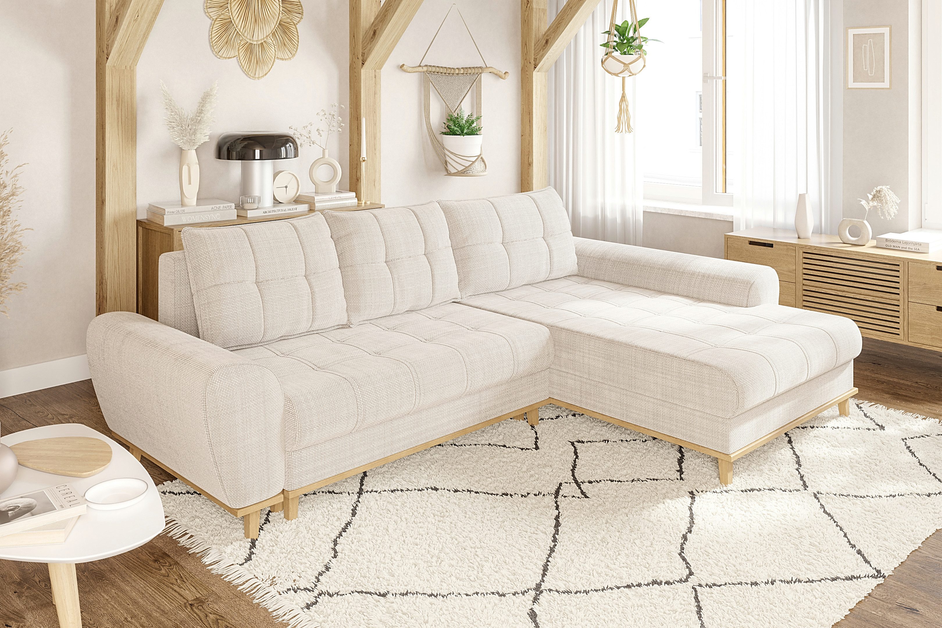 luma-home Ecksofa 21013, im Scandi-Stil mit Schlaffunktion und Bettkasten, Wellenunterfederung, B268/T175/H86 cm, Ottomane rechts, weicher Bouclé Chenille Stoff in Beige