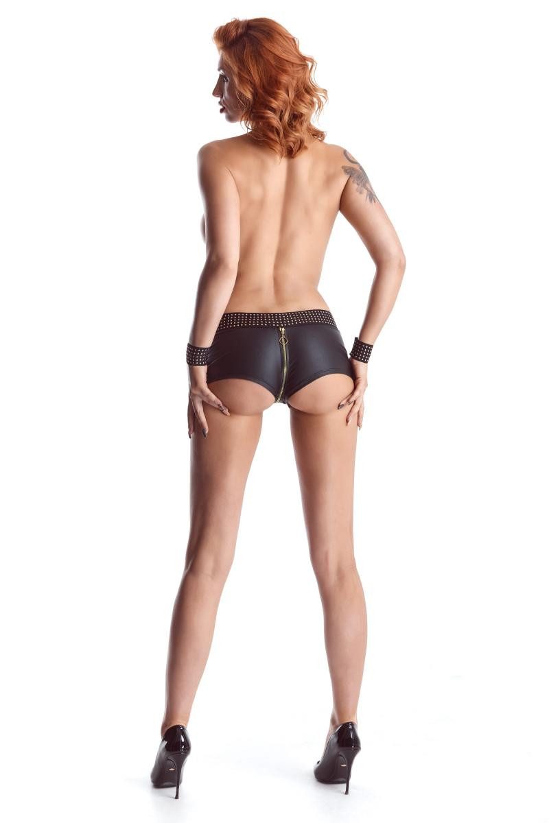 Demoniq Slip Schwarzer Damen Shorts aus elastischem Wetlook Stoff Damen Pants mit R