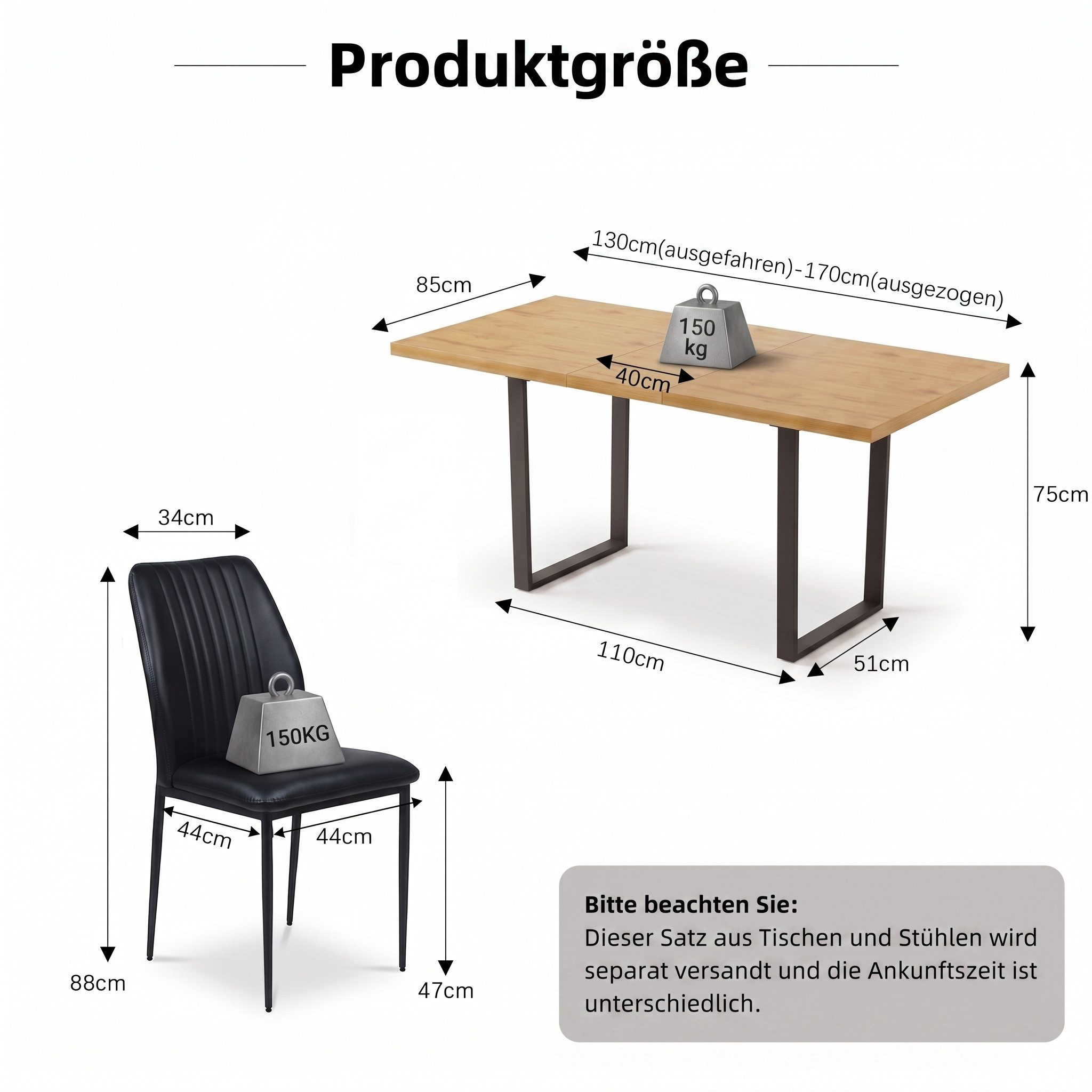 Jiexi Essgruppe Tisch-und Stuhlset, Ausziehbarer Esstisch (130–170 cm) mit 4-6 Stühlen – Bild 3 von 5